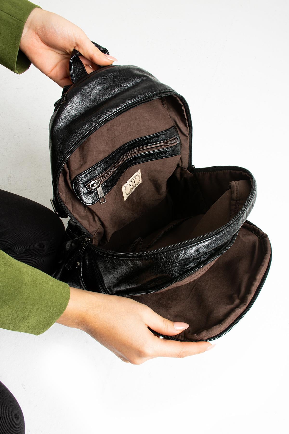 Yıkanmış Deri Sırt Çantası Siyah (Model: 571-11-12G)