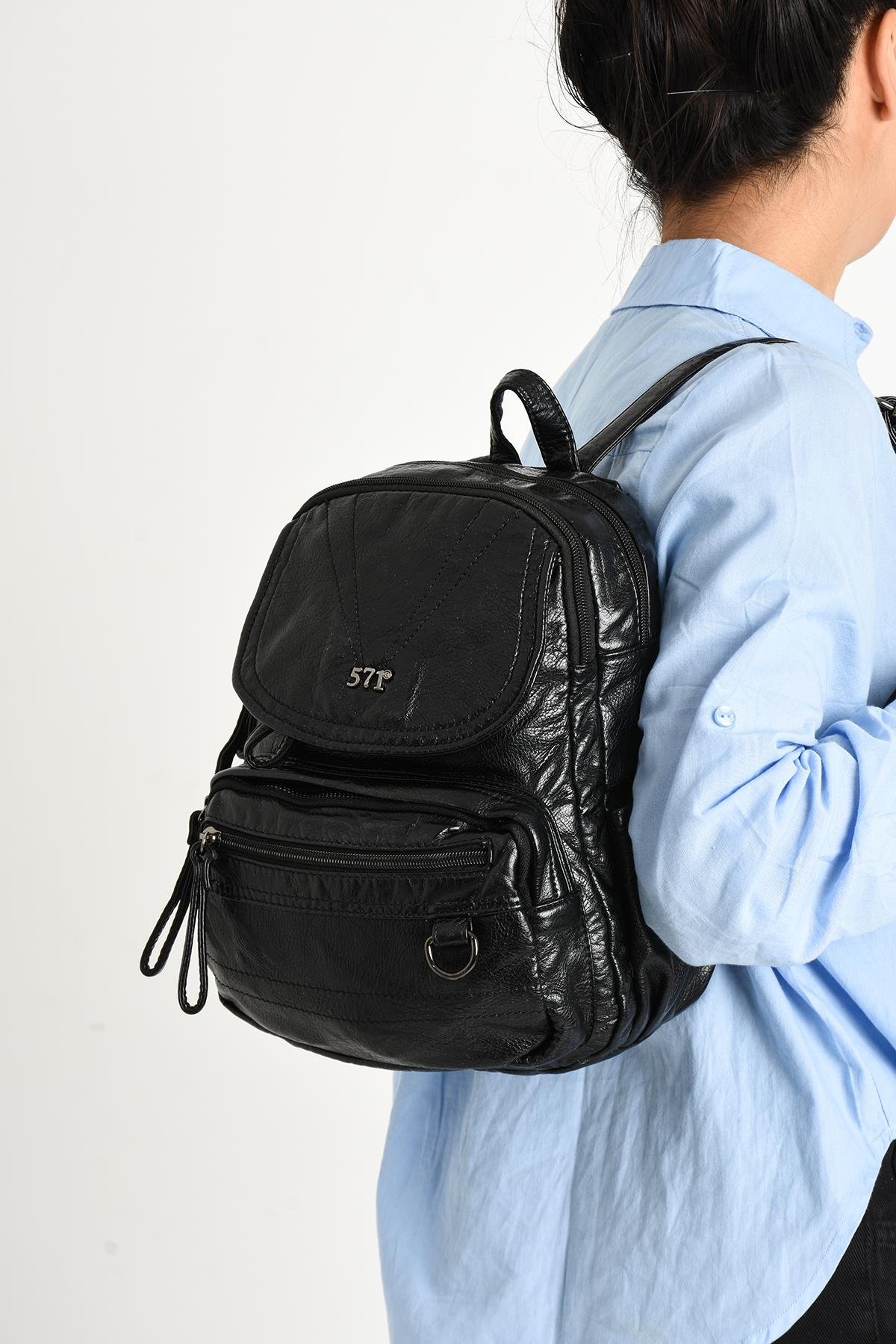 Yıkanmış Deri Sırt Çantası Siyah (Model: 571-11-12H)