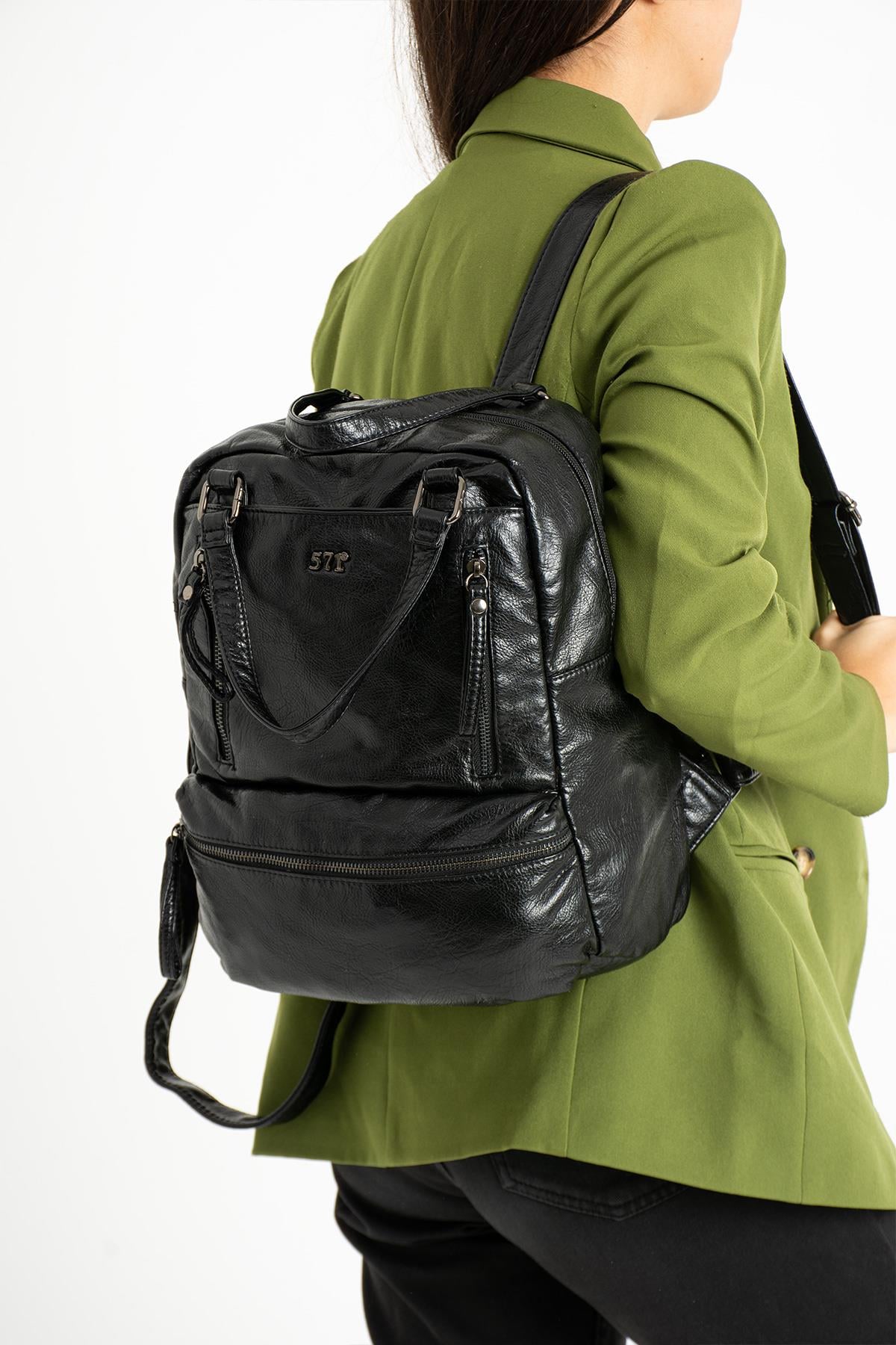 Yıkanmış Deri Sırt Çantası Siyah (Model: 571-9-12D)