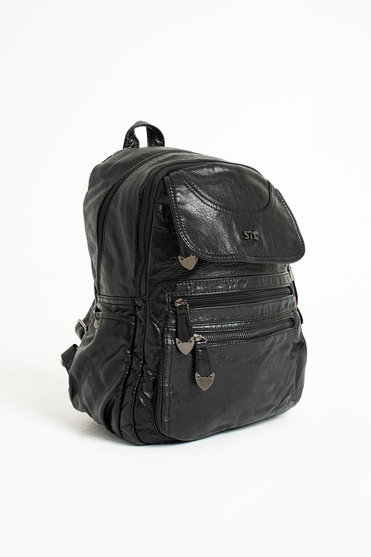 Yıkanmış Deri Sırt Çantası Siyah (Model: 571-11-12G)