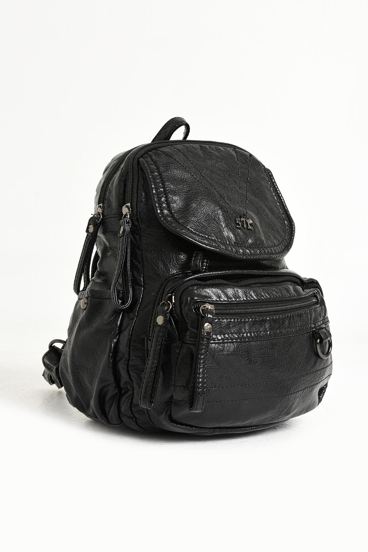 Yıkanmış Deri Sırt Çantası Siyah (Model: 571-11-12H)