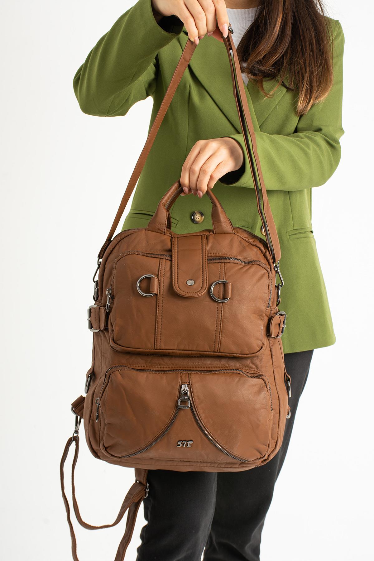Yıkanmış Deri Sırt Çantası Taba (Model: 571-9-11B) 