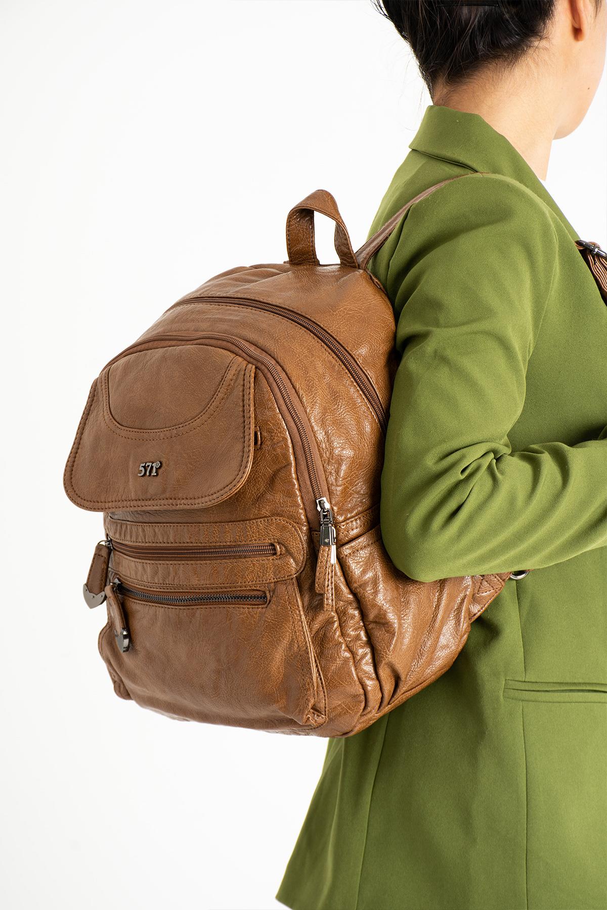 Yıkanmış Deri Sırt Çantası Taba (Model: 571-11-12G)