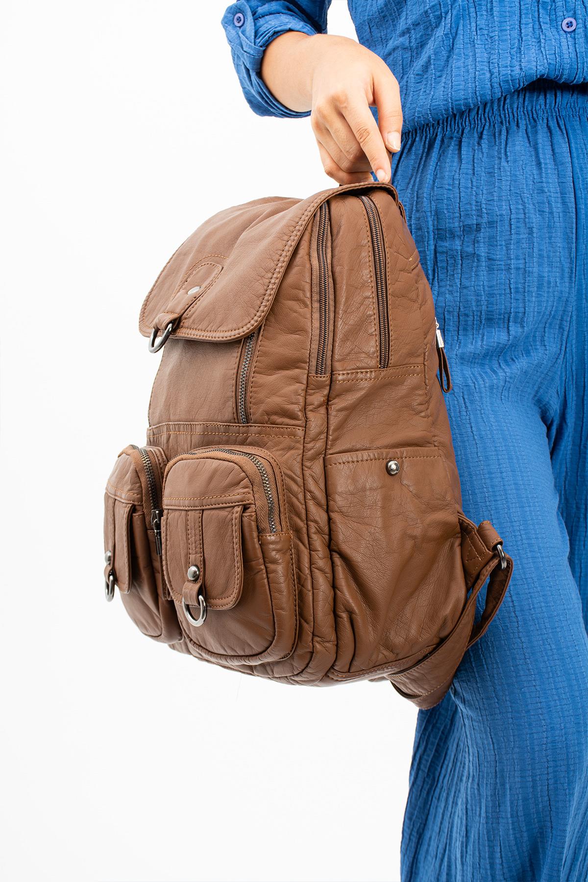 Yıkanmış Deri Sırt Çantası Taba (Model: 571-11-11E)