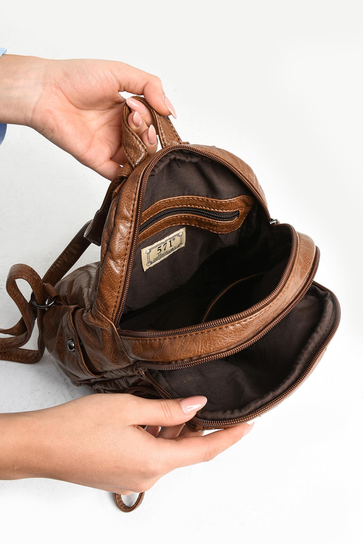 Yıkanmış Deri Sırt Çantası Taba (Model: 571-11-12H)