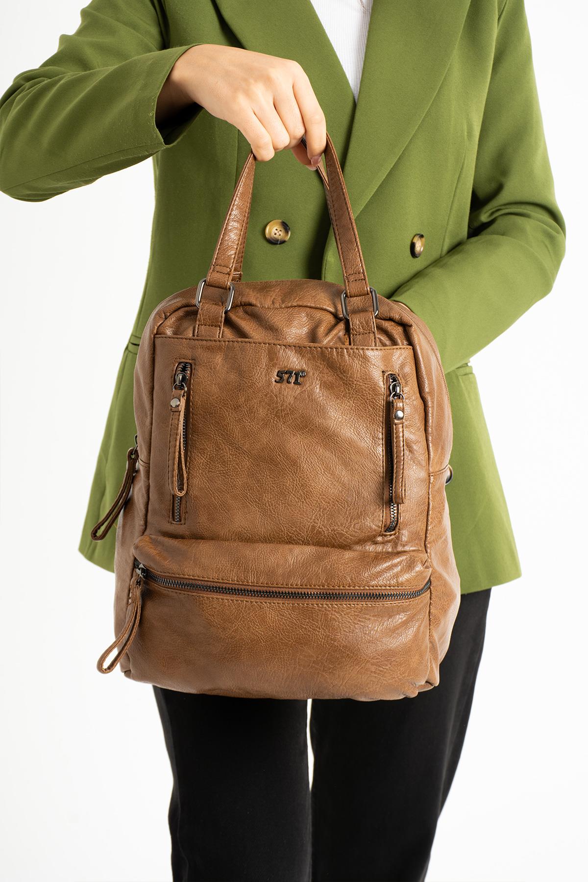 Yıkanmış Deri Sırt Çantası Taba (Model: 571-9-12D)