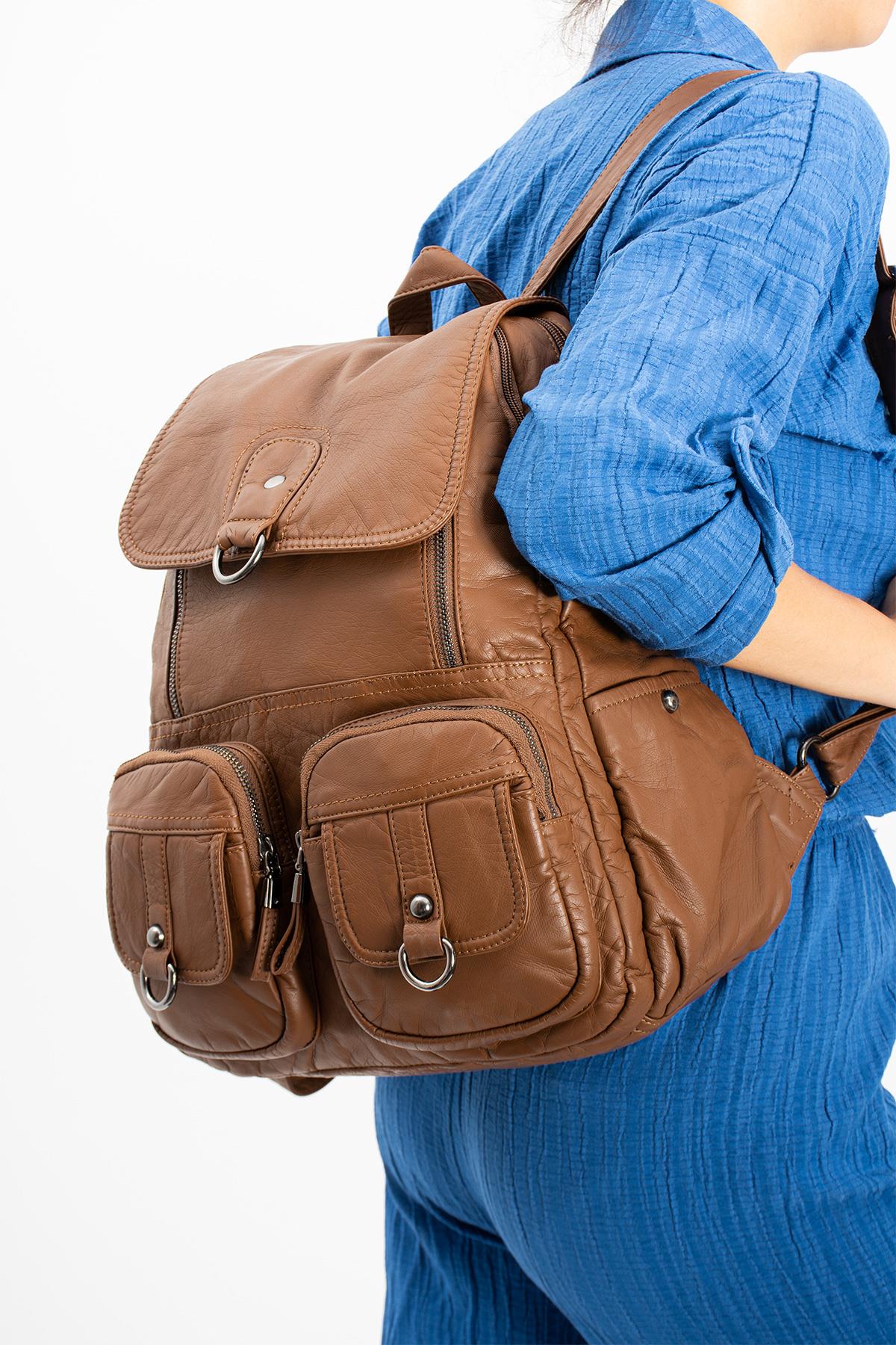 Yıkanmış Deri Sırt Çantası Taba (Model: 571-11-11E)