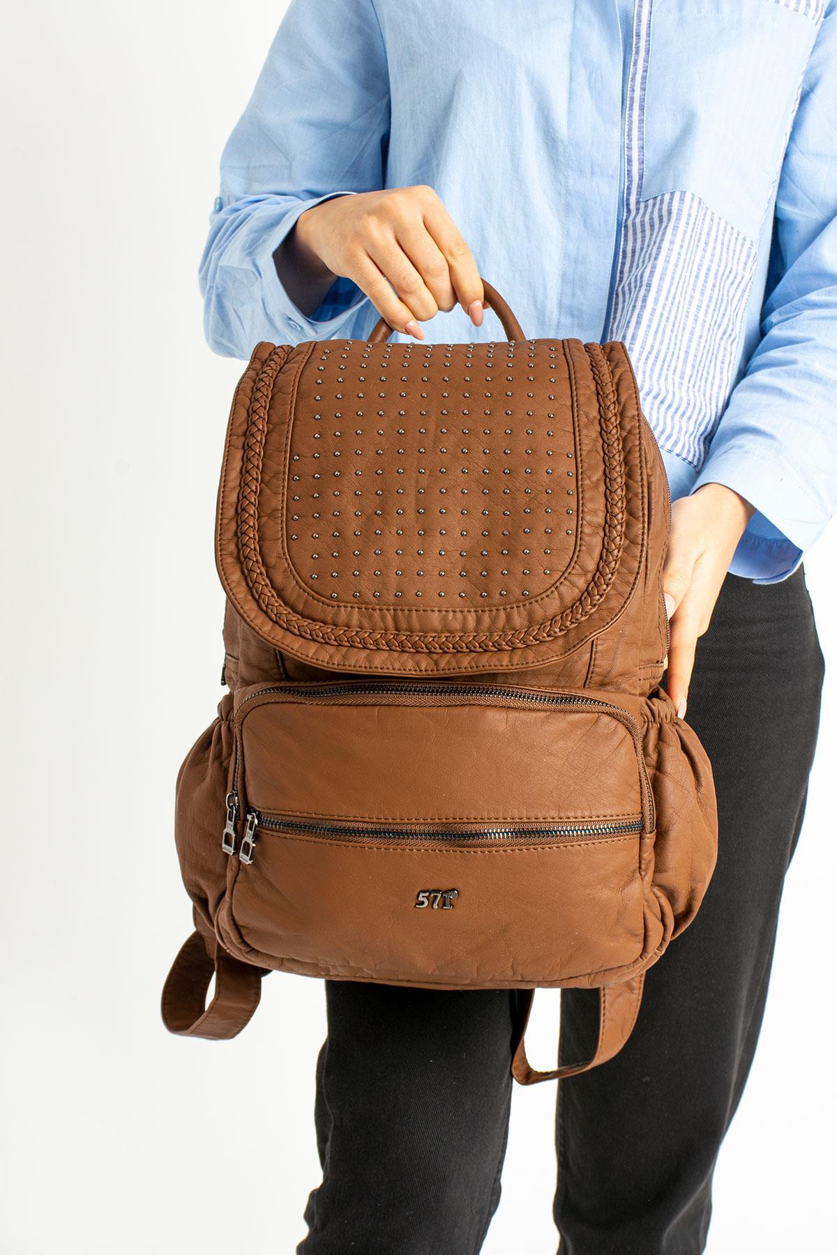 Yıkanmış Deri Sırt Çantası Taba (Model: 571-9-11C)