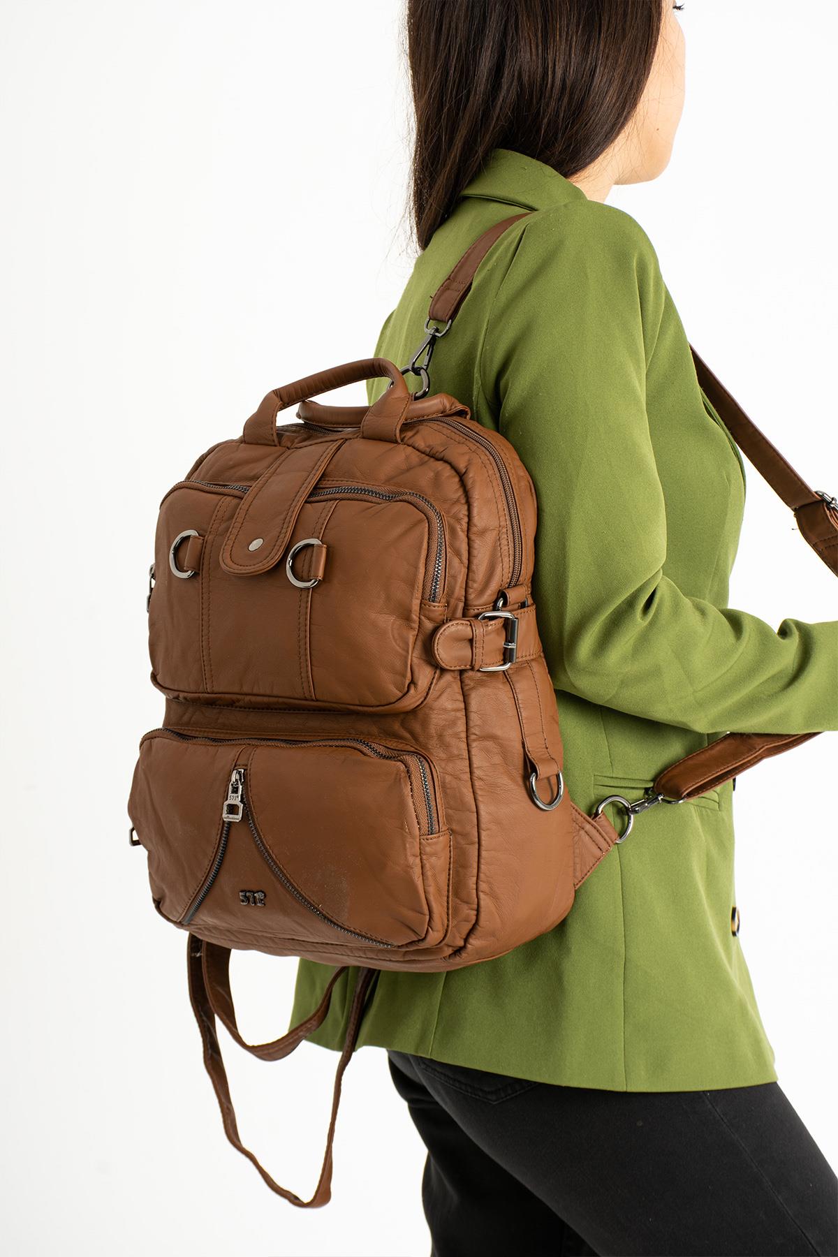 Yıkanmış Deri Sırt Çantası Taba (Model: 571-9-11B) 