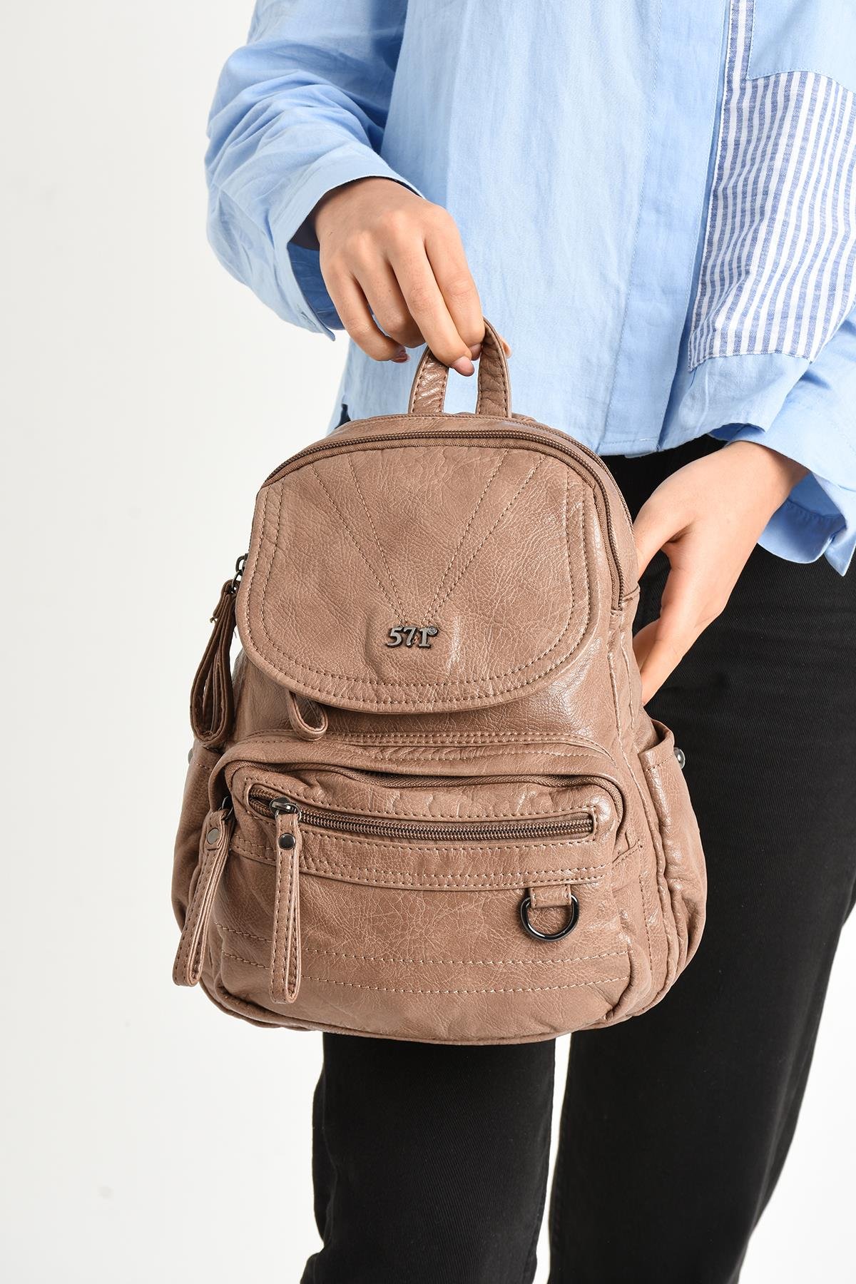 Yıkanmış Deri Sırt Çantası Vizon (Model: 571-11-12H)