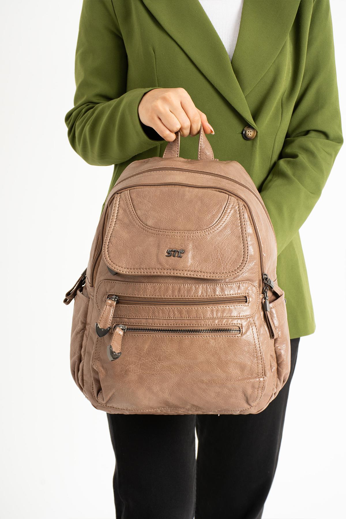 Yıkanmış Deri Sırt Çantası Vizon (Model: 571-11-12G)