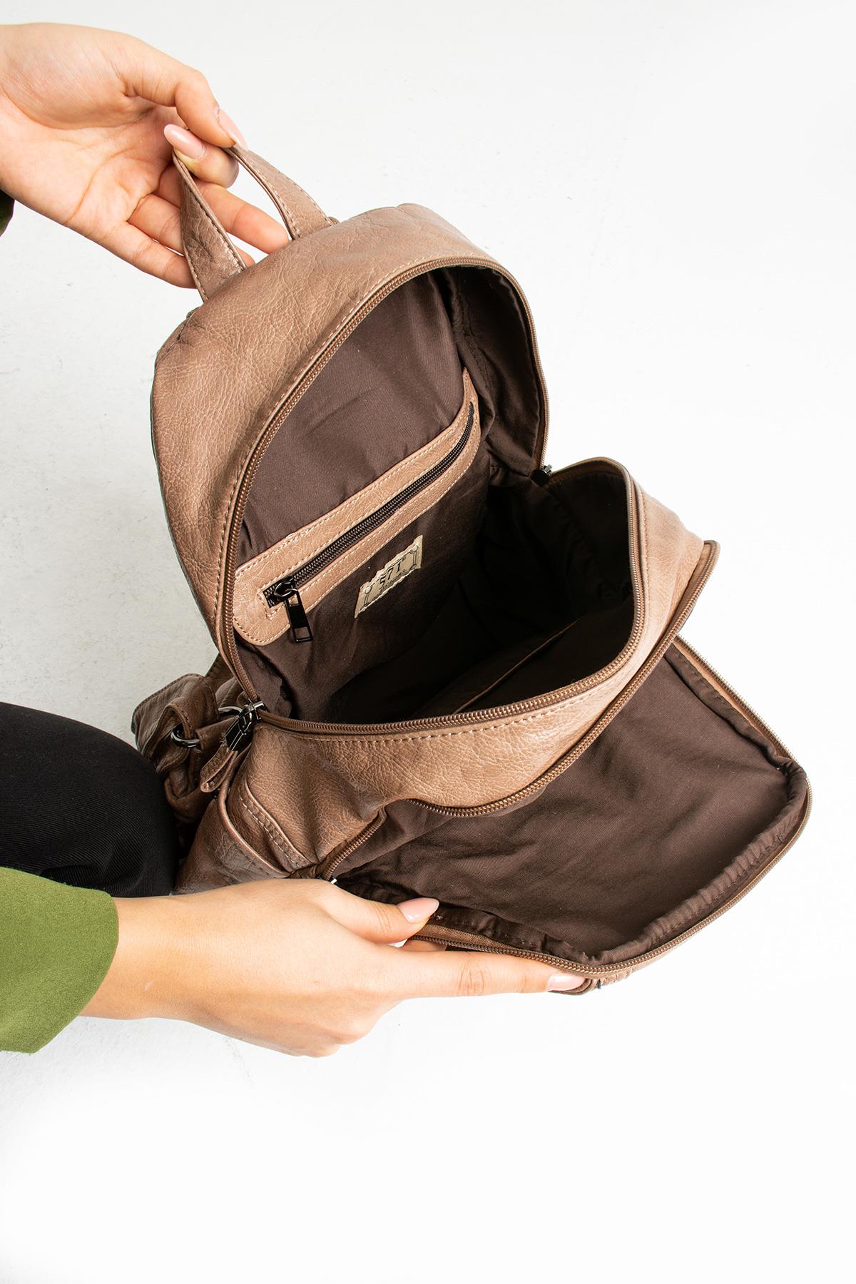 Yıkanmış Deri Sırt Çantası Vizon (Model: 571-11-12G)