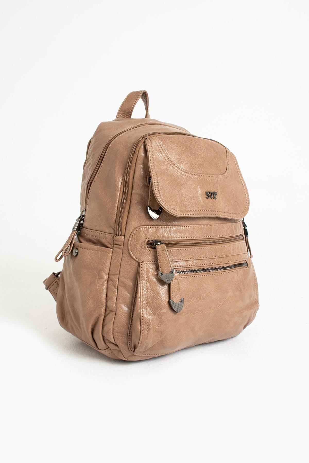 Yıkanmış Deri Sırt Çantası Vizon (Model: 571-11-12G)