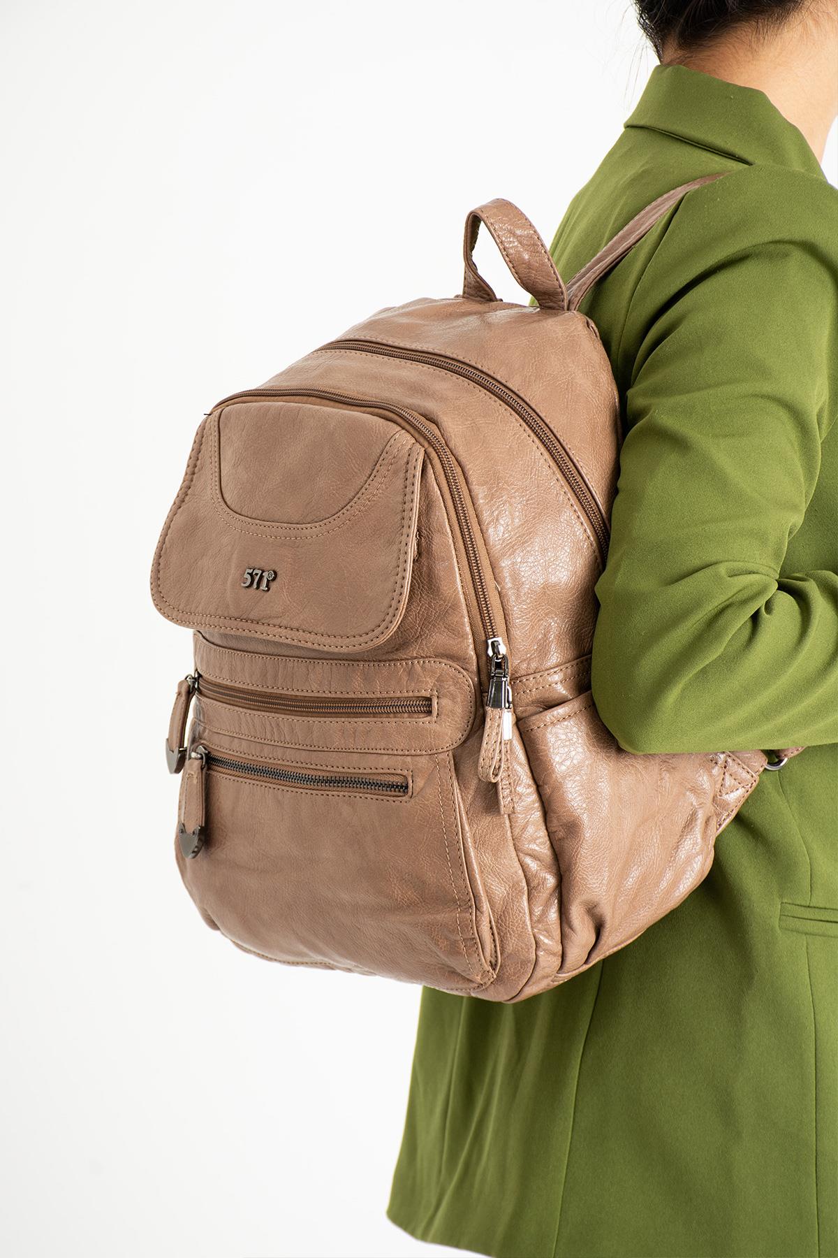 Yıkanmış Deri Sırt Çantası Vizon (Model: 571-11-12G)