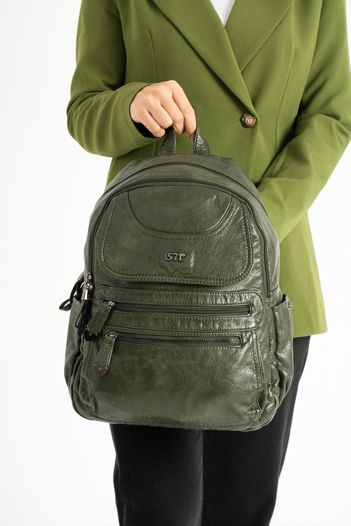 Yıkanmış Deri Sırt Çantası Yeşil (Model: 571-11-12G)