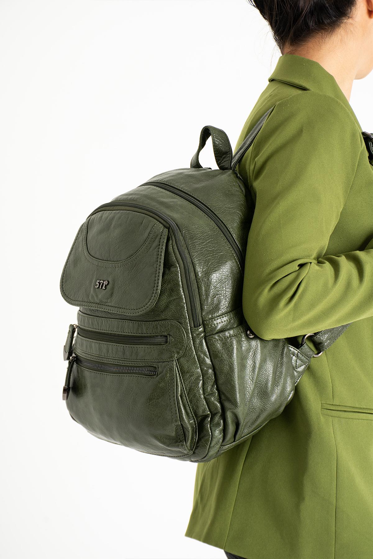 Yıkanmış Deri Sırt Çantası Yeşil (Model: 571-11-12G)