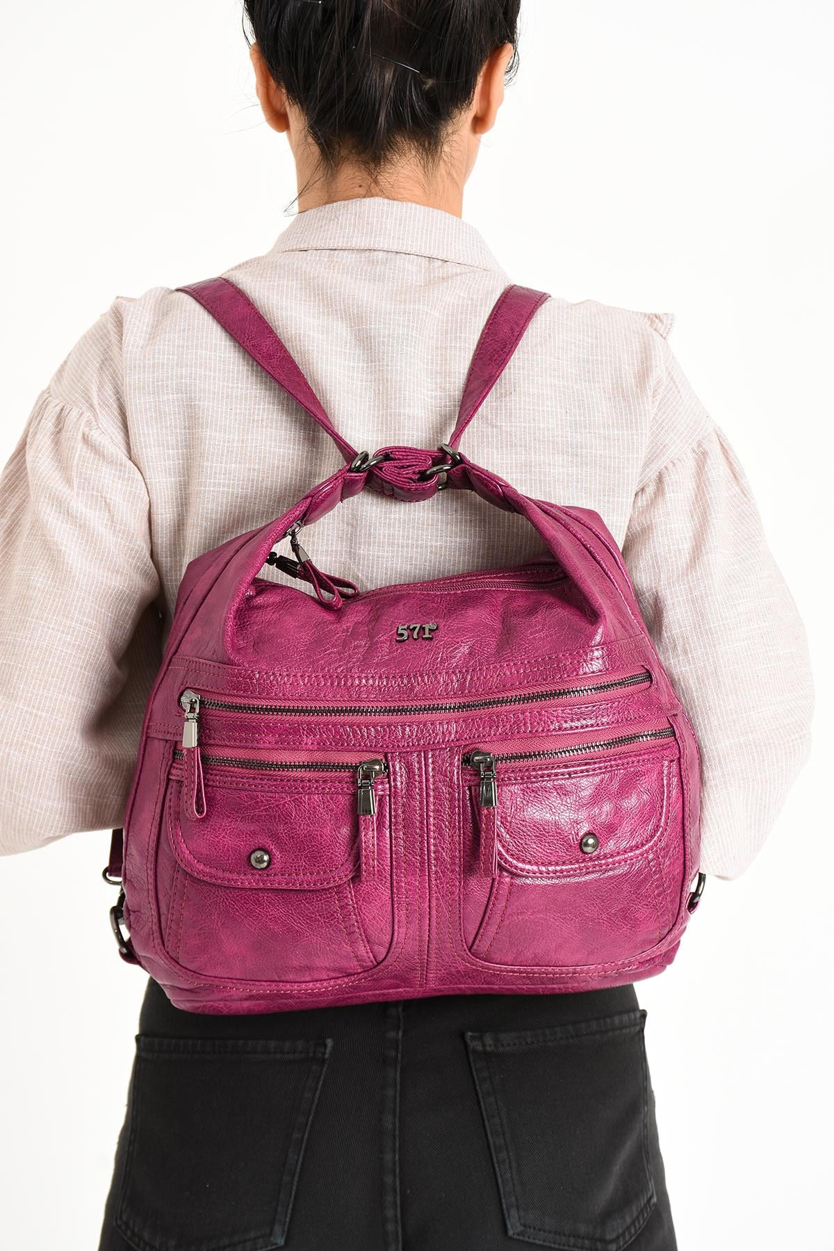 Yıkanmış Deri Sırt & Omuz Çantası Pembe (Model: 571-11-13A) 