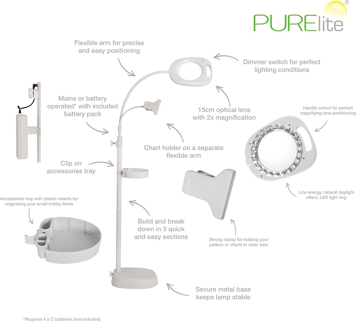 Ayaklı Işıklı Büyüteç - Purelite Pro 4in 1 