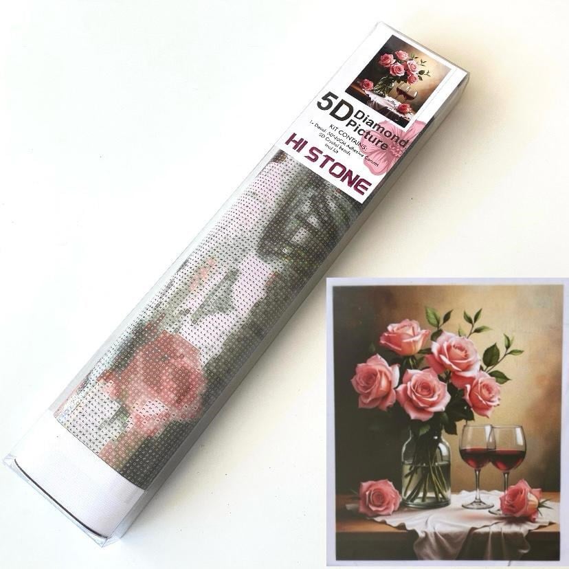 Boncuklu Taşlı Pano Mozaik Elmas Goblen Diamond Tablo 50 X 40 Cm  Pembe Güller