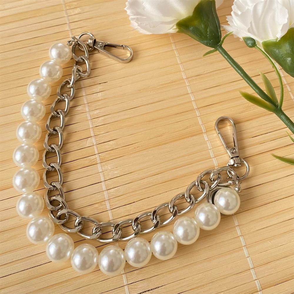 Çanta Askısı İncili Gümüş Zincir Detaylı