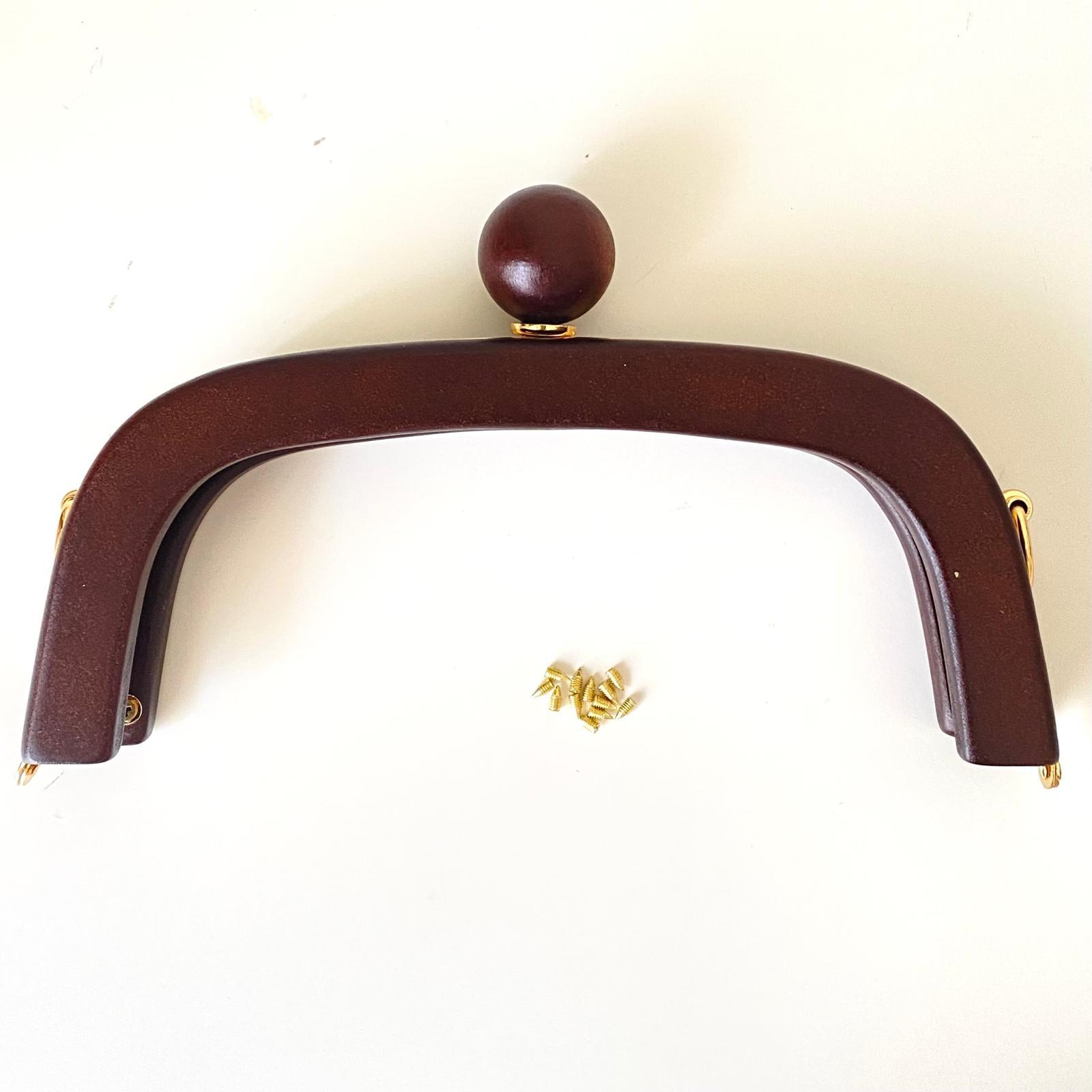 Çanta Bursu Ahşap Oval Boncuklu Koyu Kahve ve Metal Şeritli 20 Cm