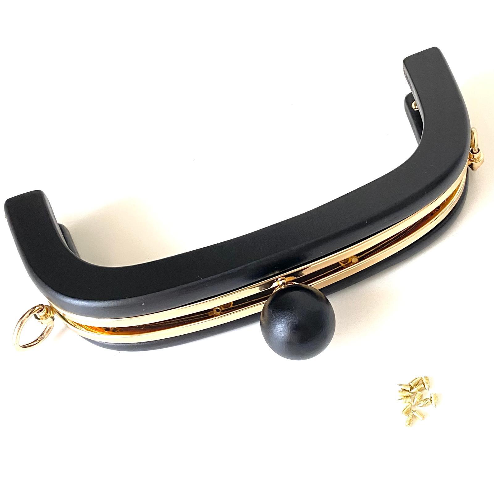 Çanta Bursu Ahşap Oval Boncuklu Siyah ve Metal Şeritli 20 Cm