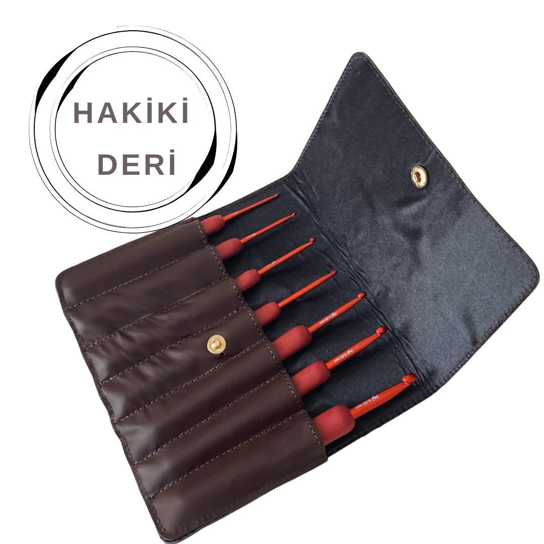 Knitme Red Tığ Seti  | 7 Adet Tığ Orjinal Koyu Kahve Deri Çantalı