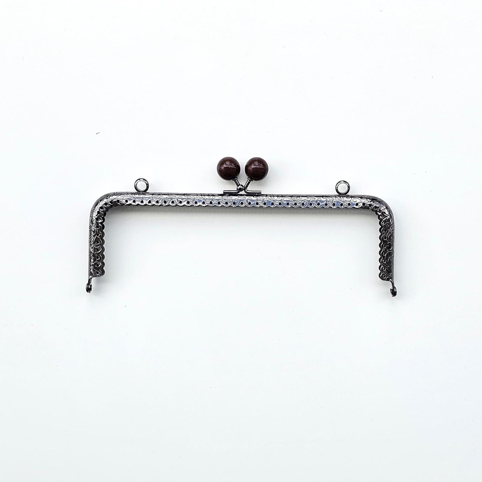 Köşeli Yanık Kahve İnci Boncuklu İşleme Baskılı Askılıklı Çanta ve Cüzdan Bursu - Klipsi Gri 20 Cm