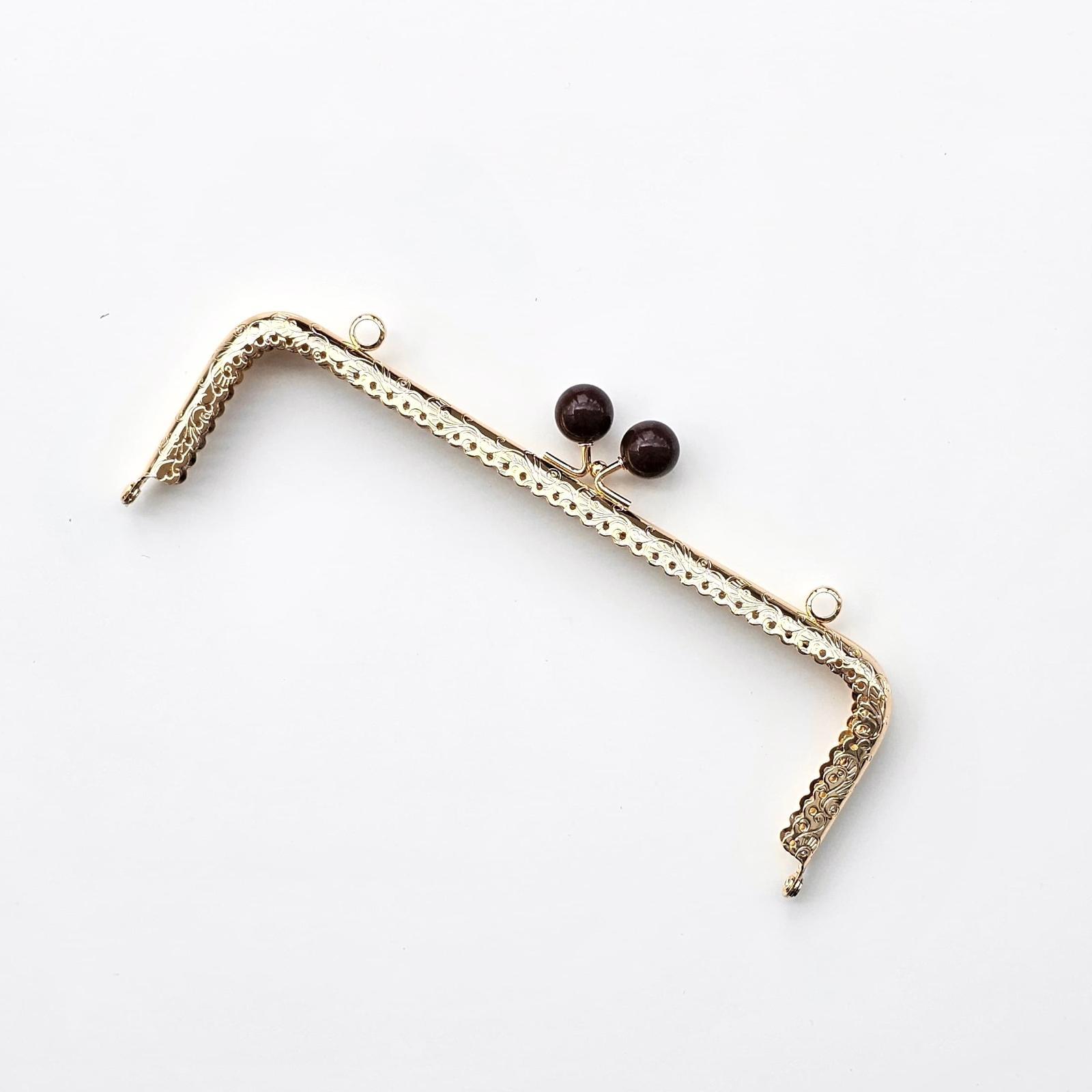 Köşeli Yanık Kahve İnci Boncuklu İşleme Baskılı Askılıklı Çanta ve Cüzdan Bursu - Klipsi Altın 20 Cm