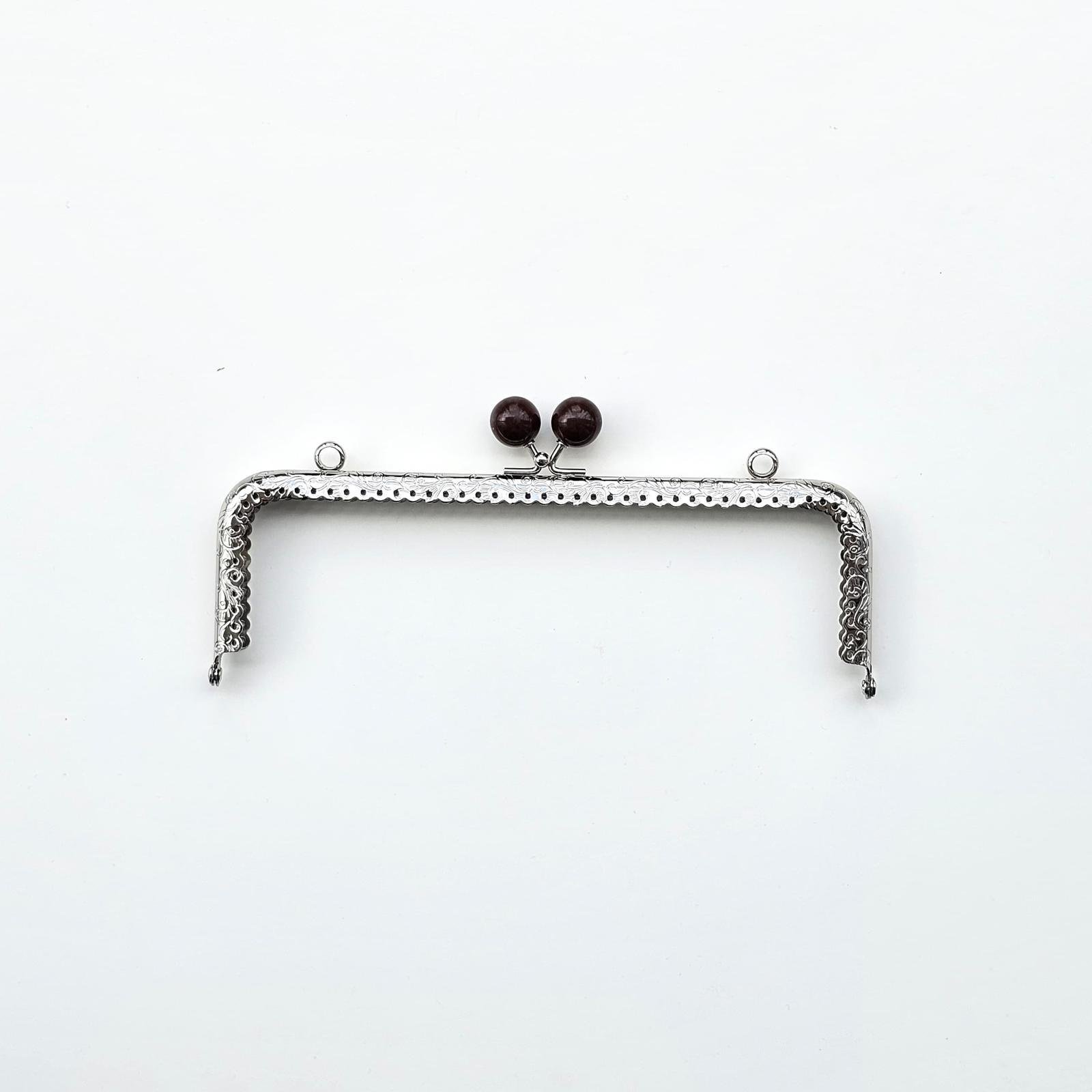 Köşeli Yanık Kahve İnci Boncuklu İşleme Baskılı Askılıklı Çanta ve Cüzdan Bursu - Klipsi Gümüş 20 Cm