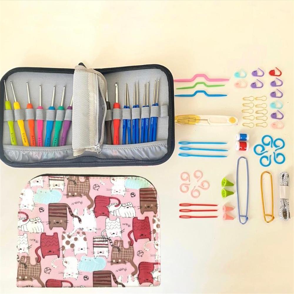 Örgü Tığ Seti ve Örgü Malzemeleri Seti | Pembe Kedi Desenli Çantalı Zengin İçerik