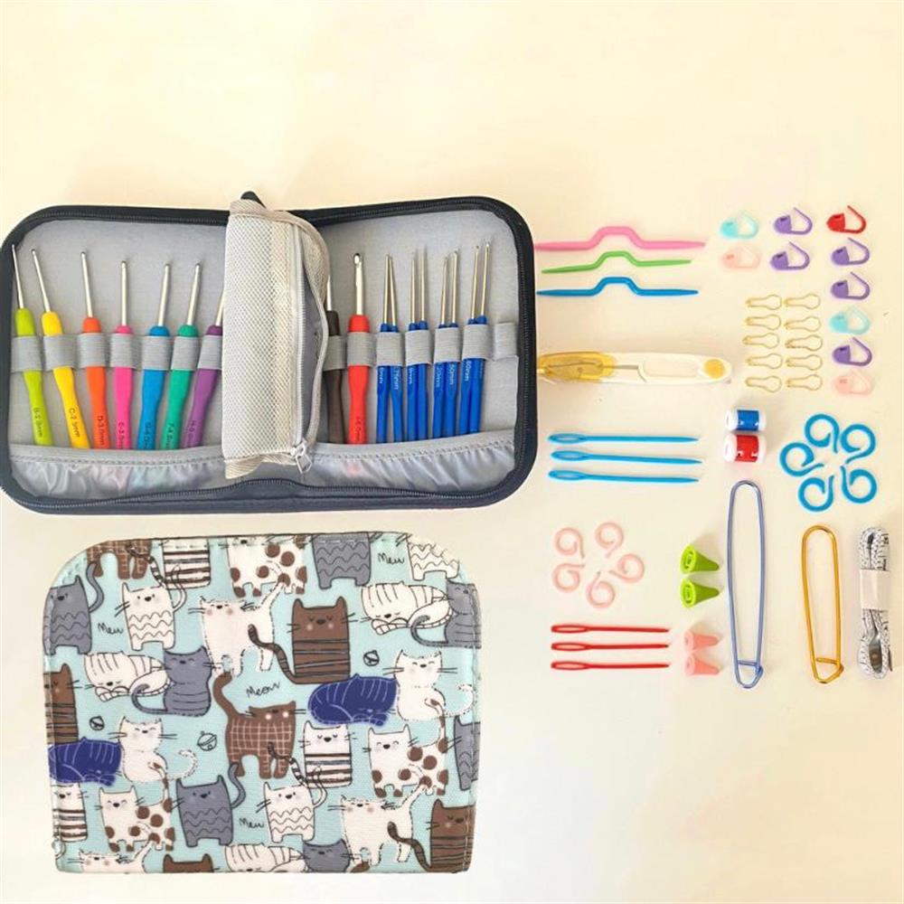 Örgü Tığ Seti ve Örgü Malzemeleri Seti | Mavi Kedi Desenli Çantalı Zengin İçerik