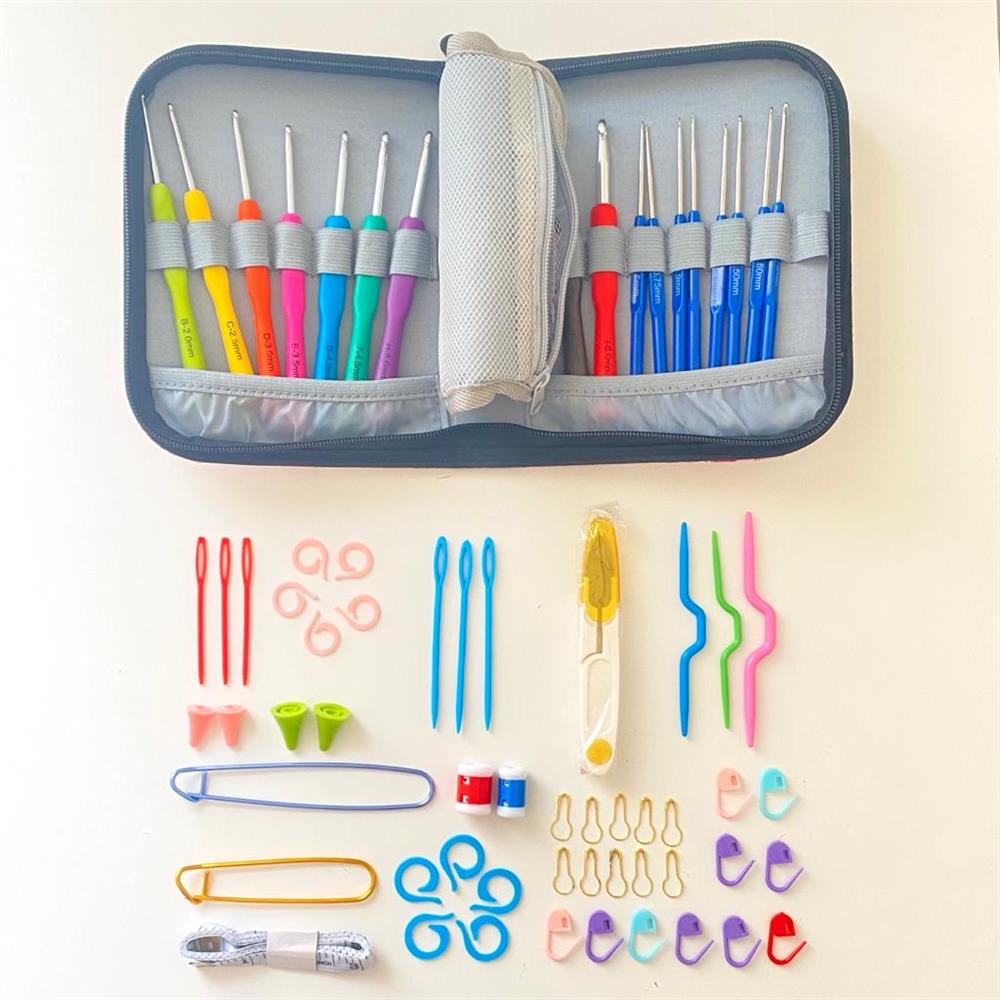 Örgü Tığ Seti ve Örgü Malzemeleri Seti | Mavi Kedi Desenli Çantalı Zengin İçerik