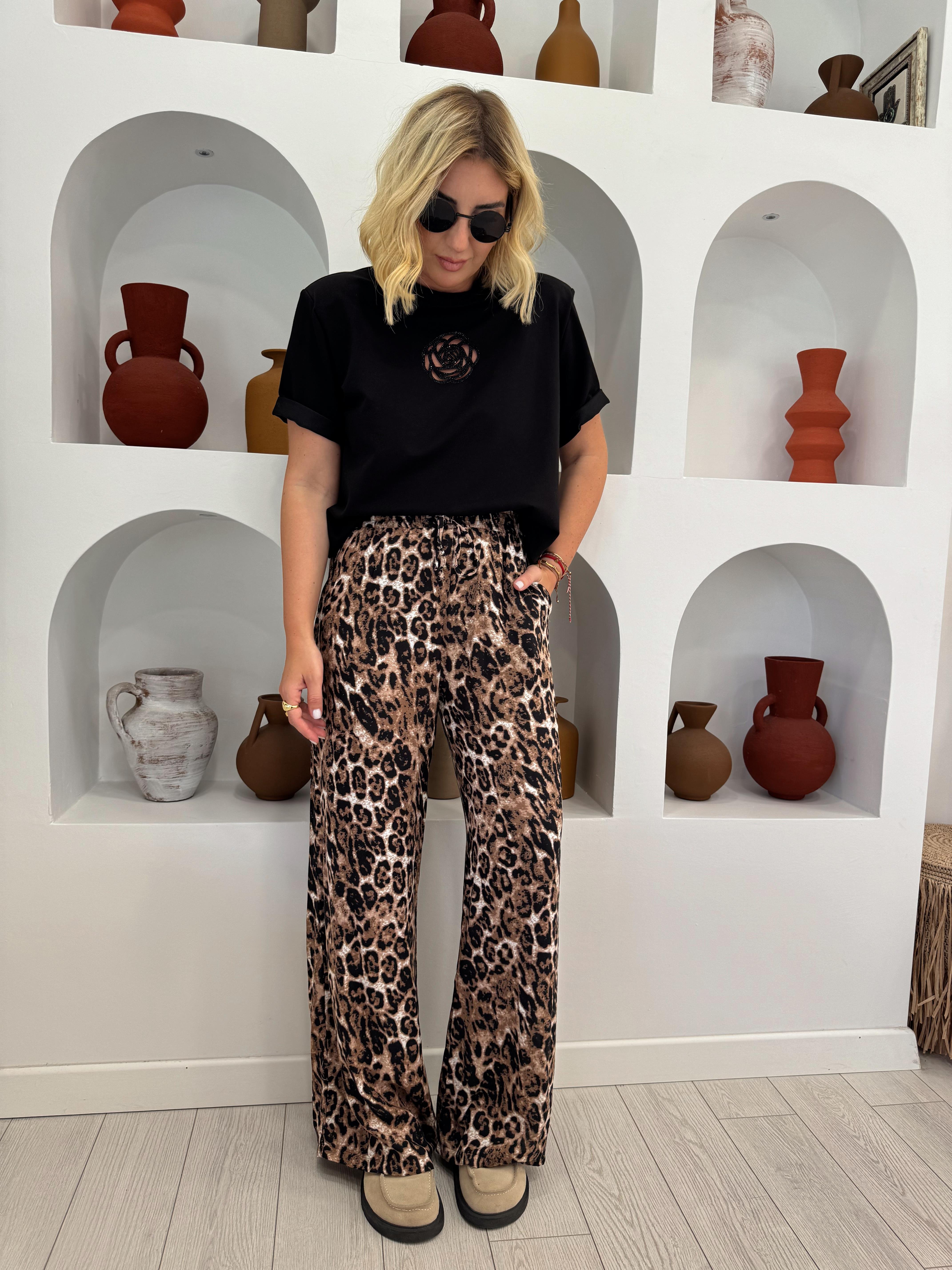 Beli Lastikli Leopar Tiril Pantolon