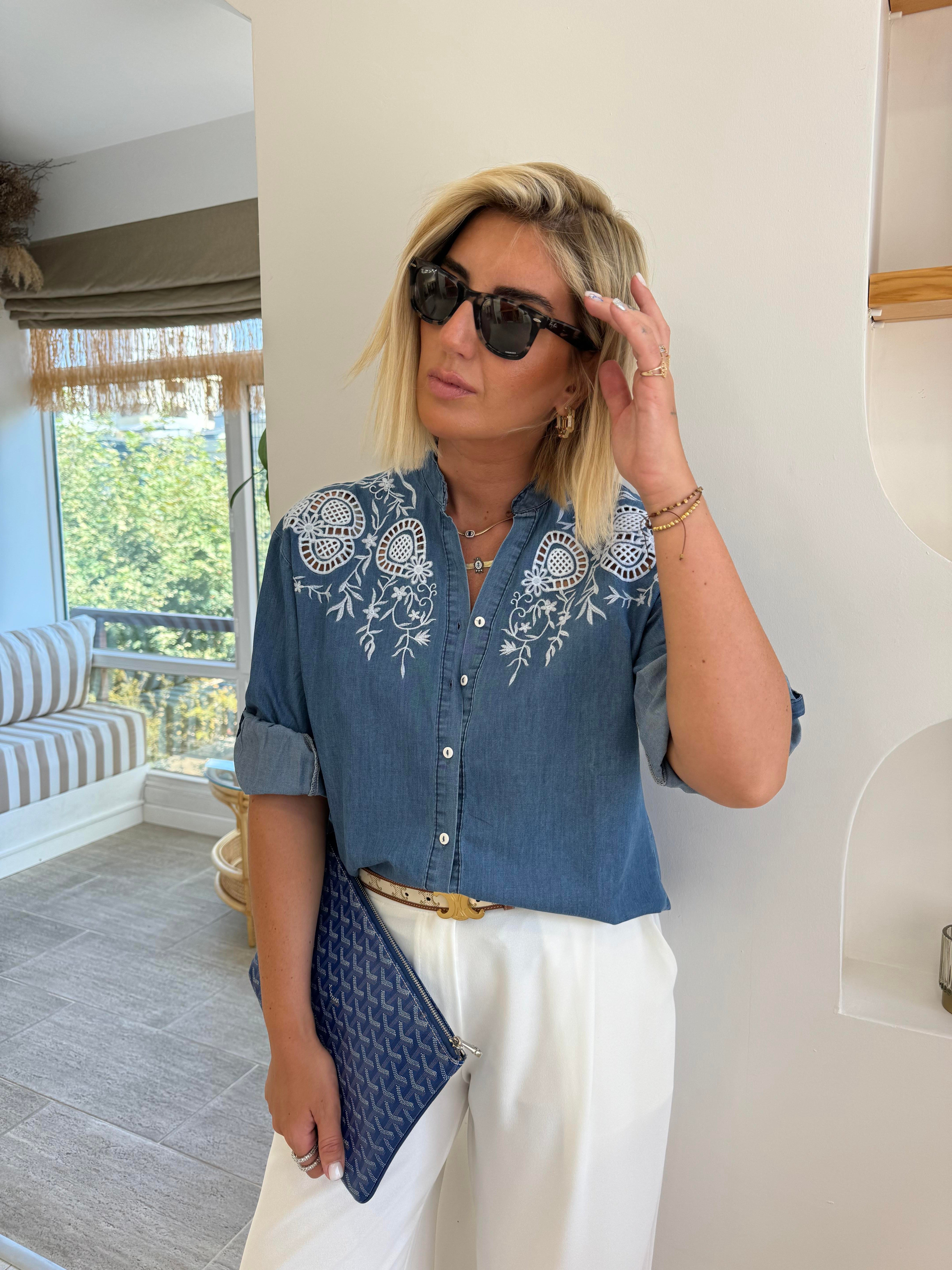 Beyaz Fisto İşlemeli , Tencel Jean Gömlek