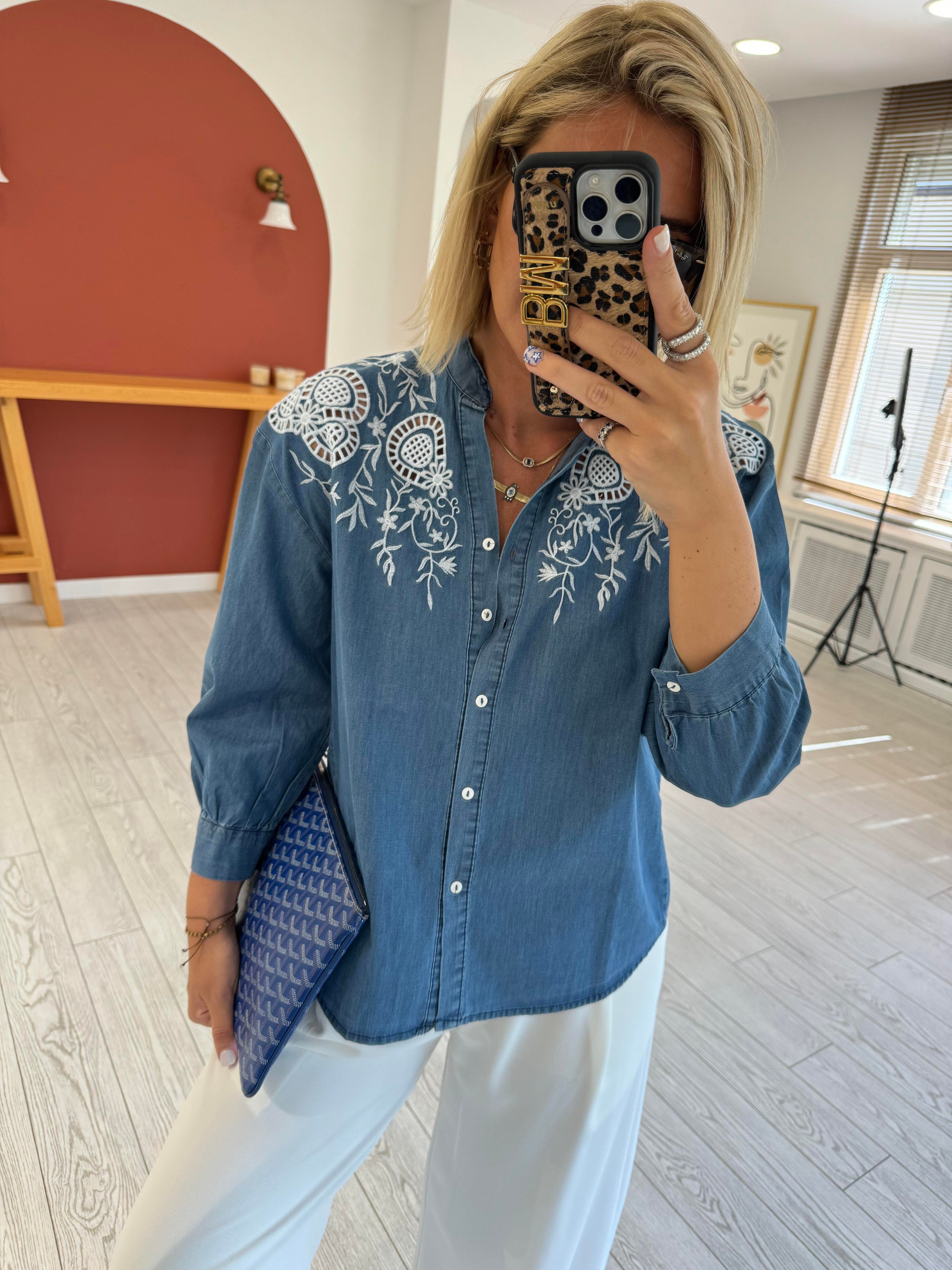 Beyaz Fisto İşlemeli , Tencel Jean Gömlek