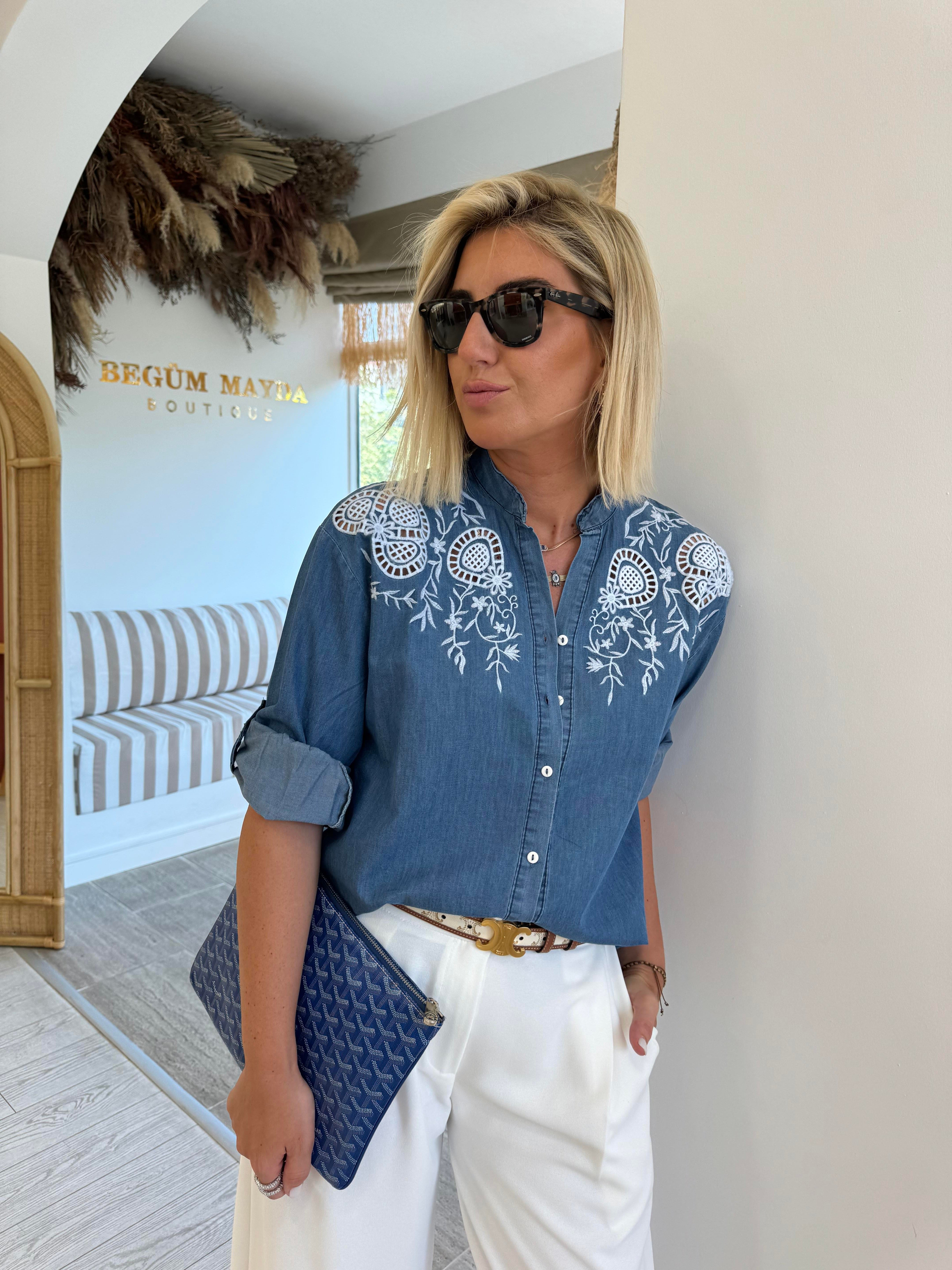 Beyaz Fisto İşlemeli , Tencel Jean Gömlek
