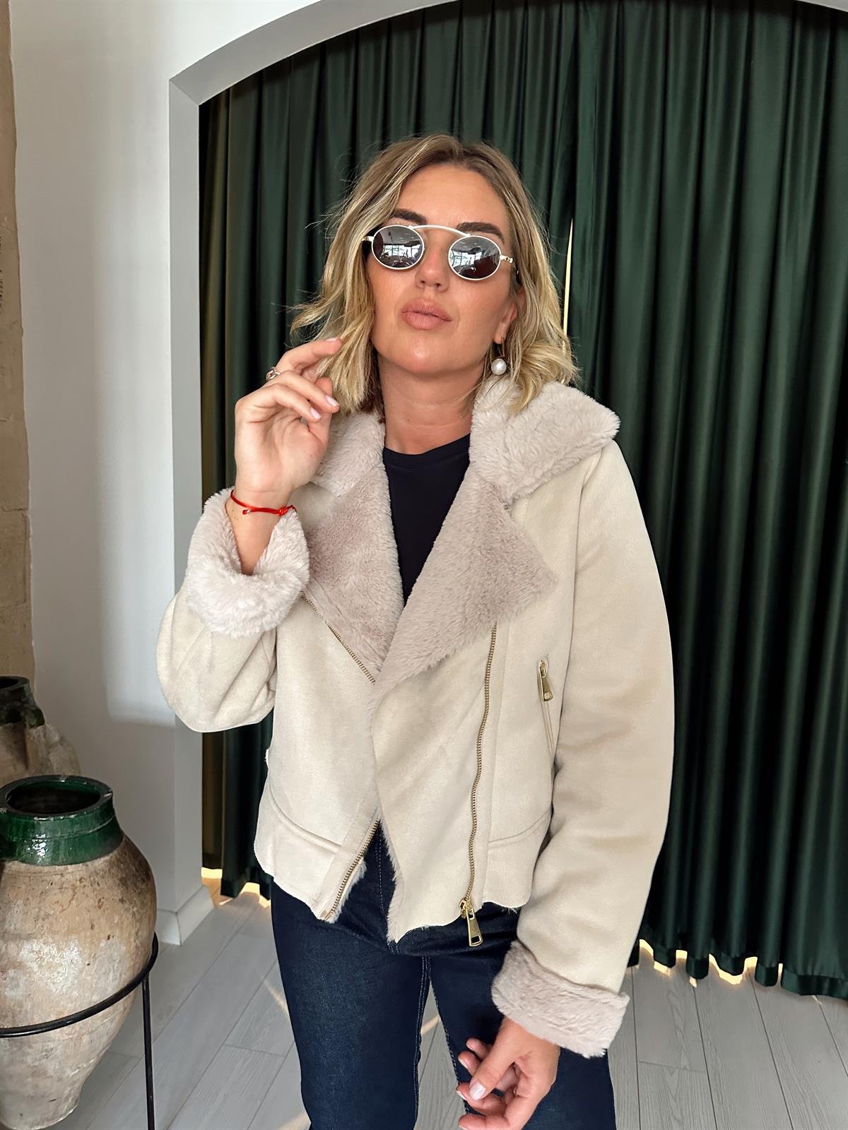 Birinci Sınıf Kürk Astarlı , Ekru Nubuk Mont