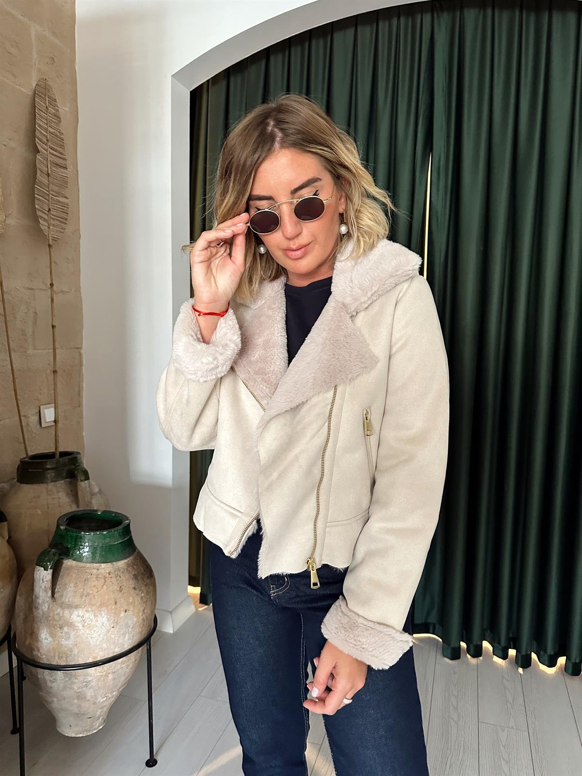 Birinci Sınıf Kürk Astarlı , Ekru Nubuk Mont