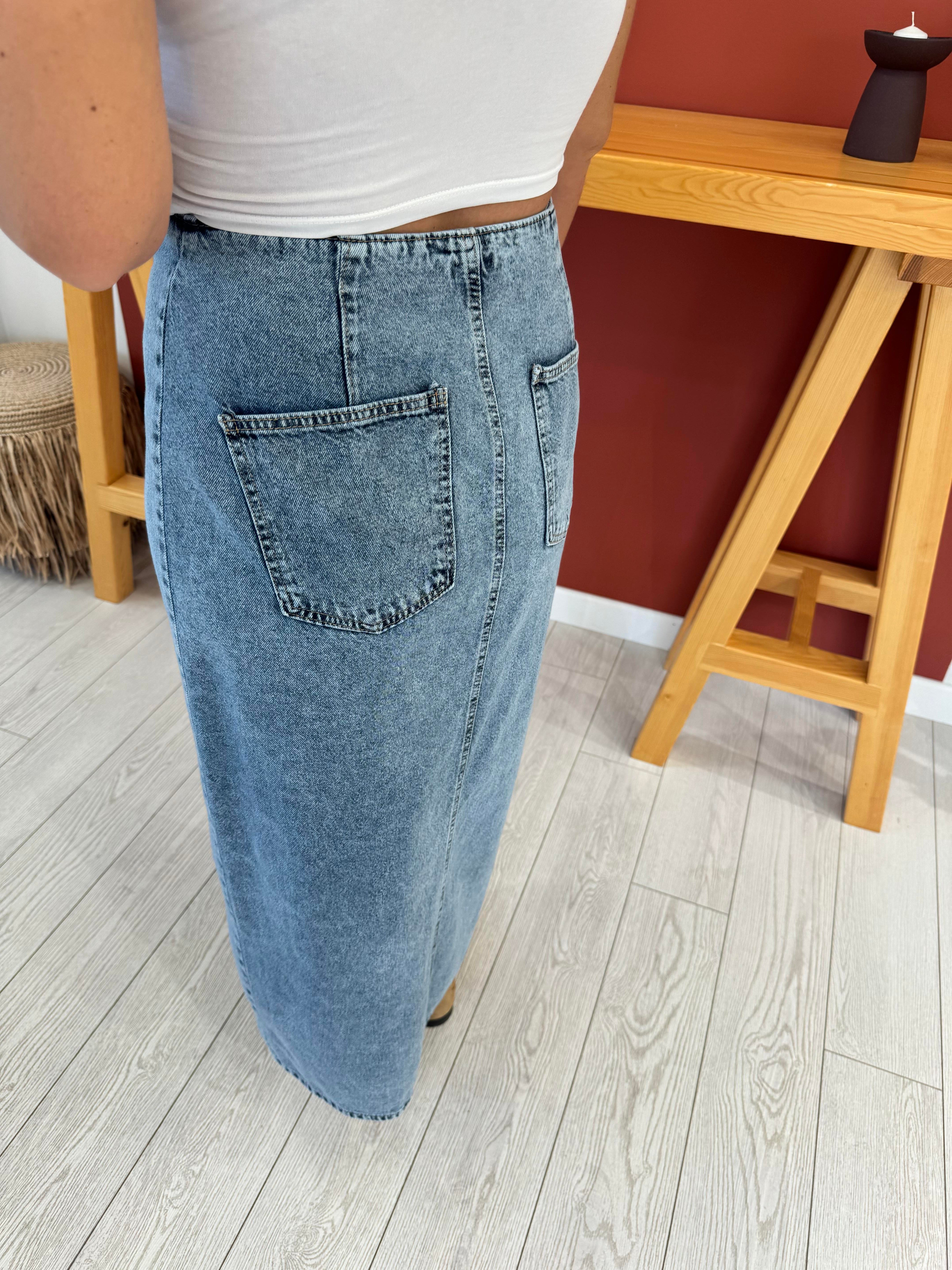 Çapraz Düğmeli Tencel Jean Etek