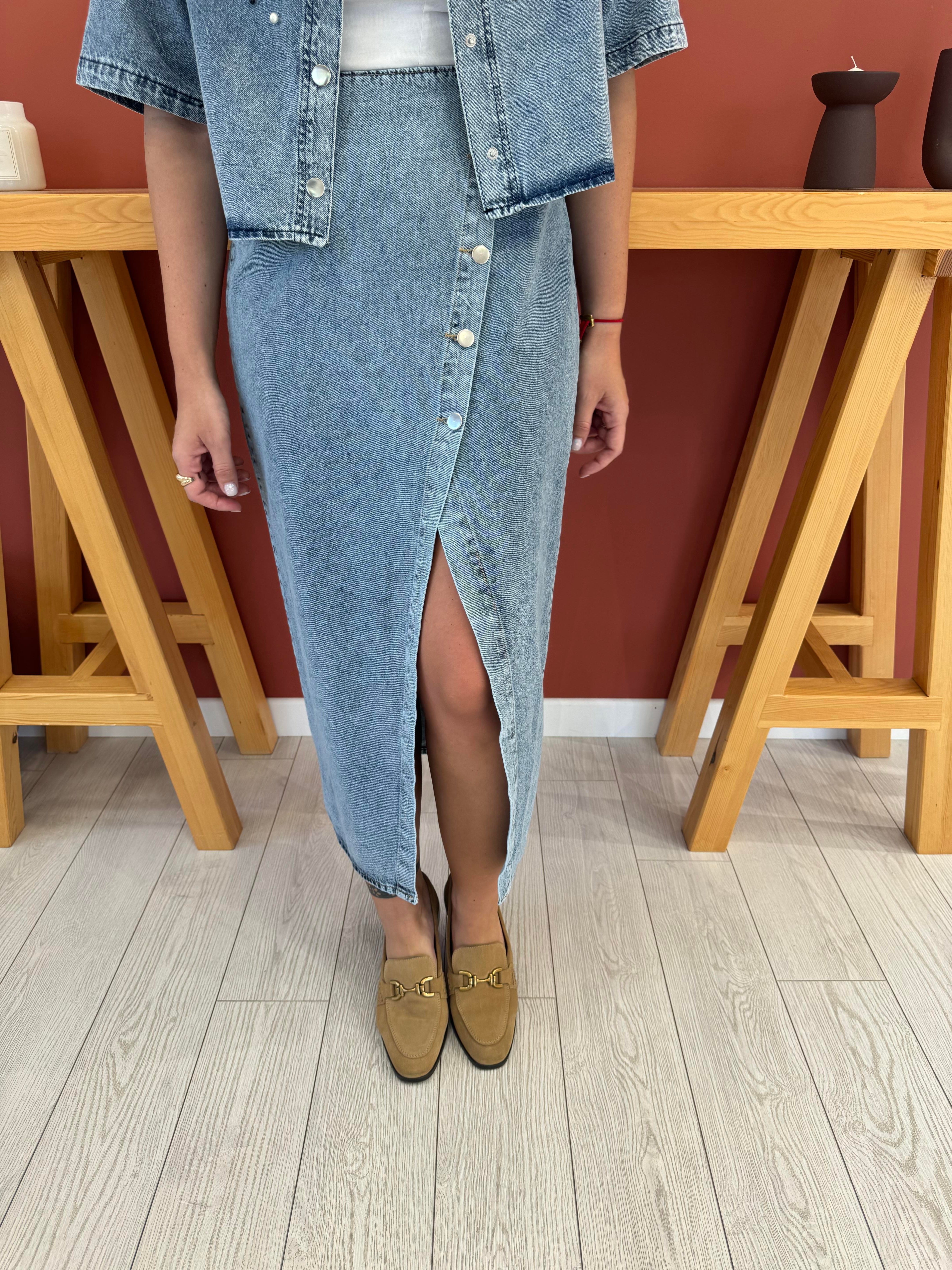Çapraz Düğmeli Tencel Jean Etek