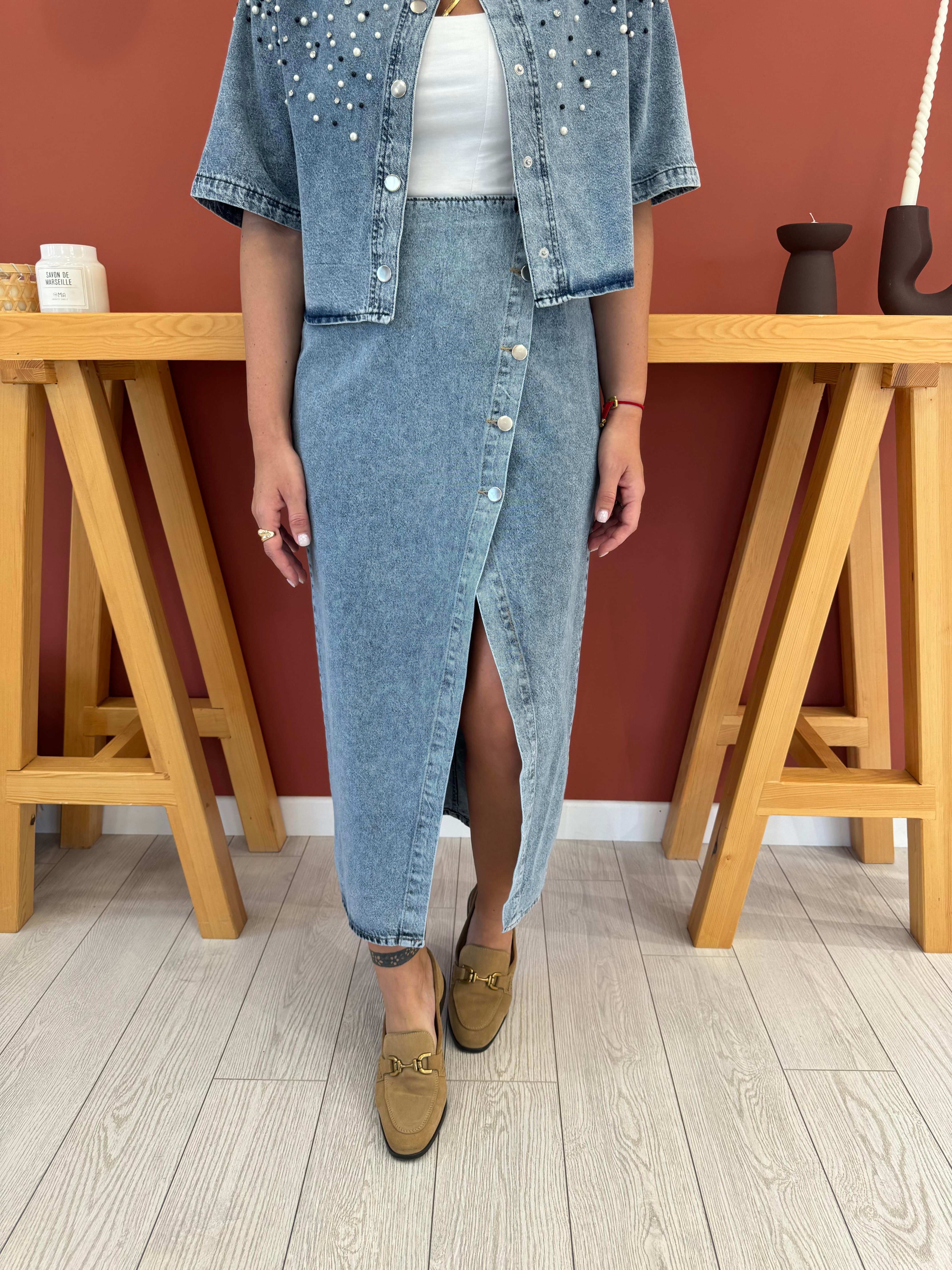 Çapraz Düğmeli Tencel Jean Etek