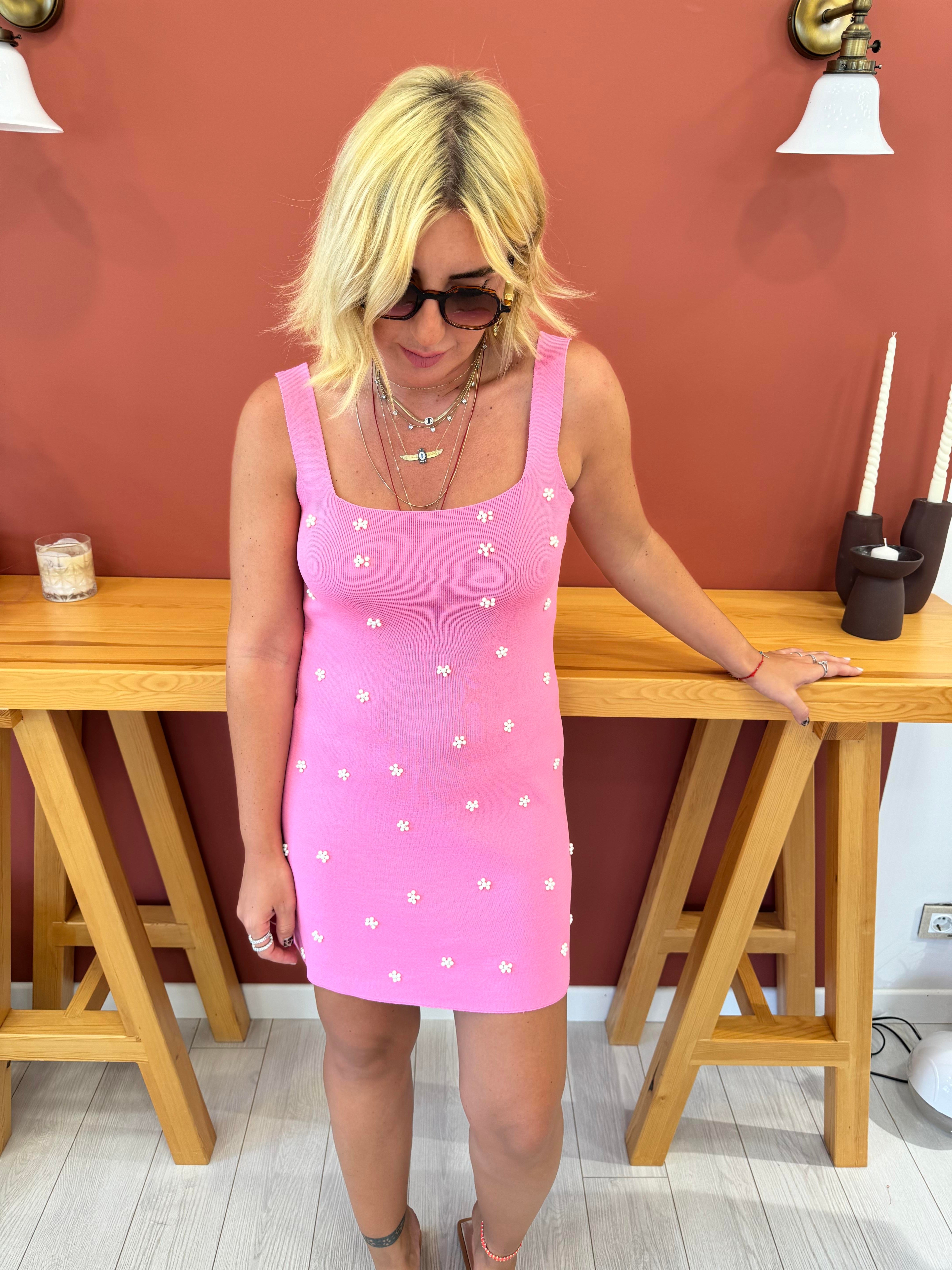 İnci İşlemeli , Pembe Çelik Örme Elbise