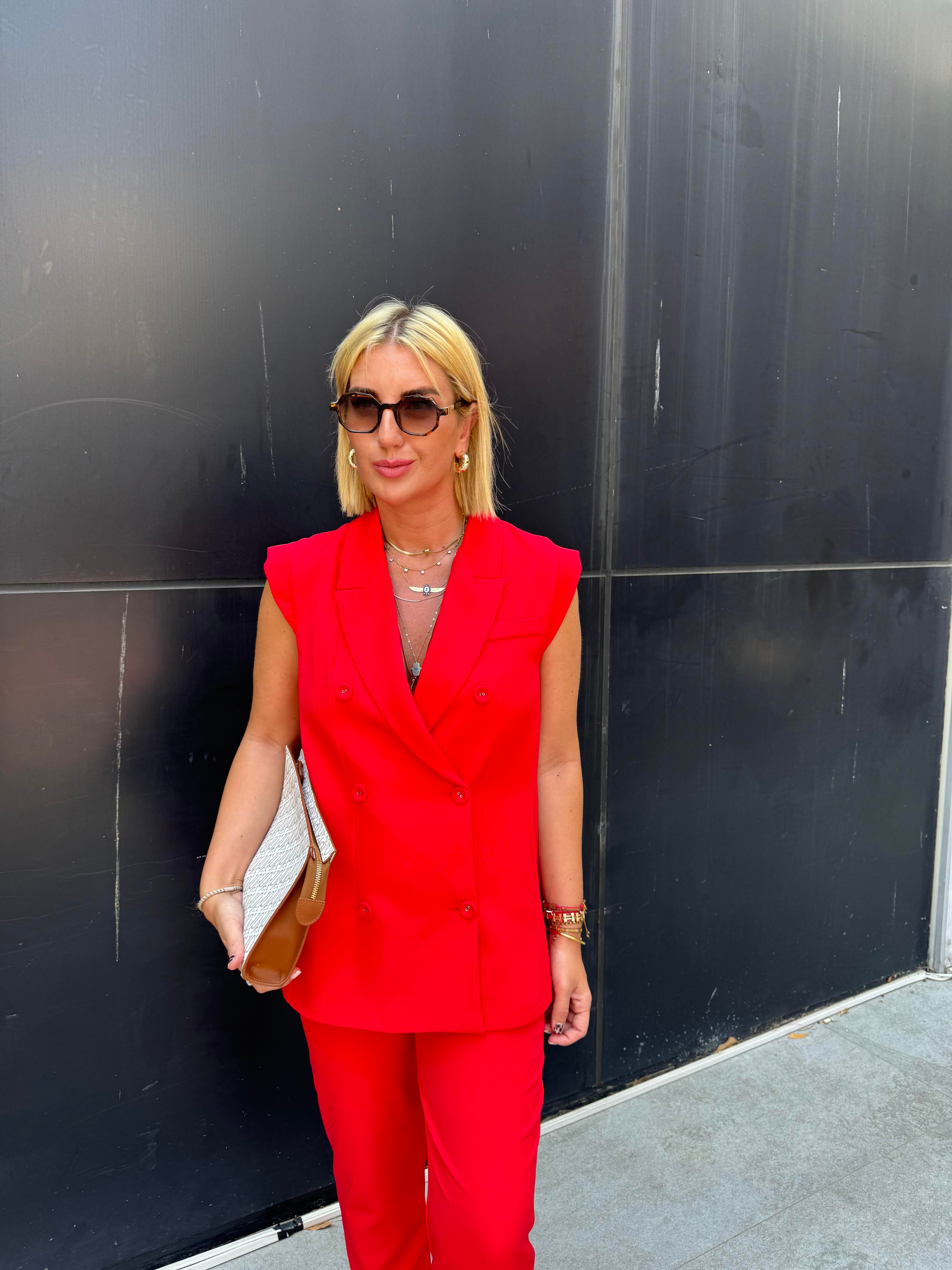 Kırmızı , Likralı Krep Kumaş , Blazer Takım