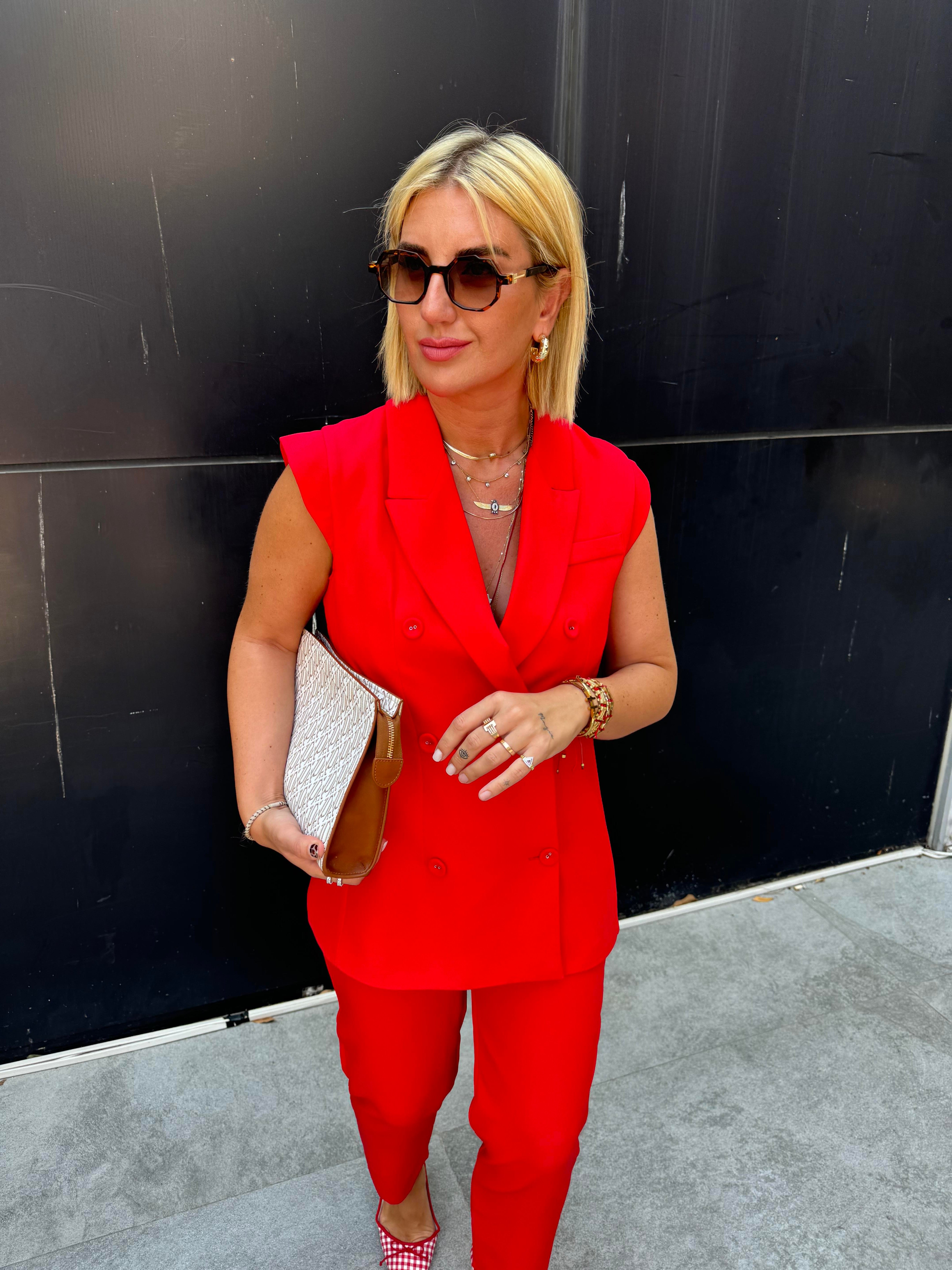 Kırmızı , Likralı Krep Kumaş , Blazer Takım