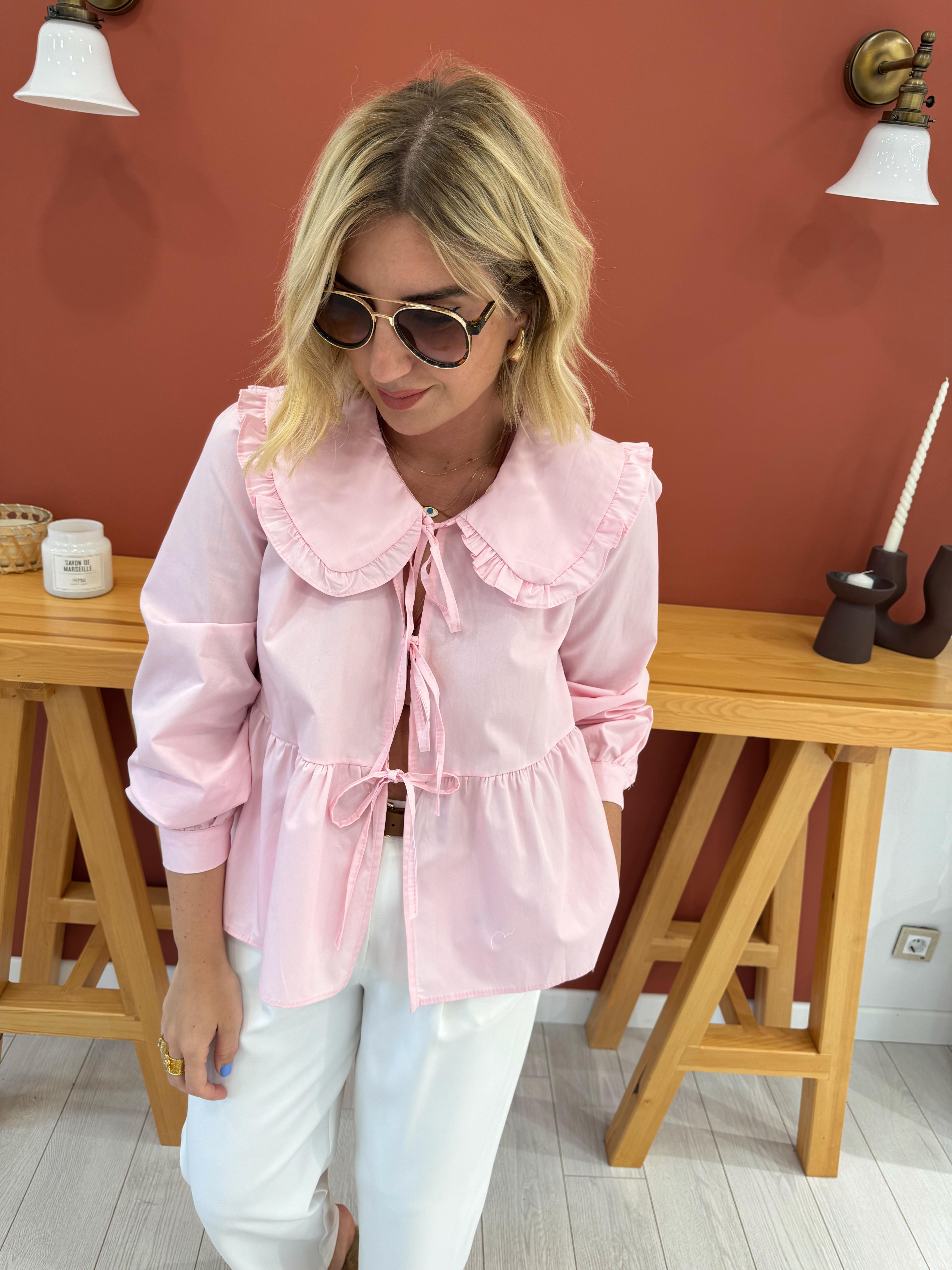 Kurdeleli Bebe Yaka Pembe Poplin Gömlek