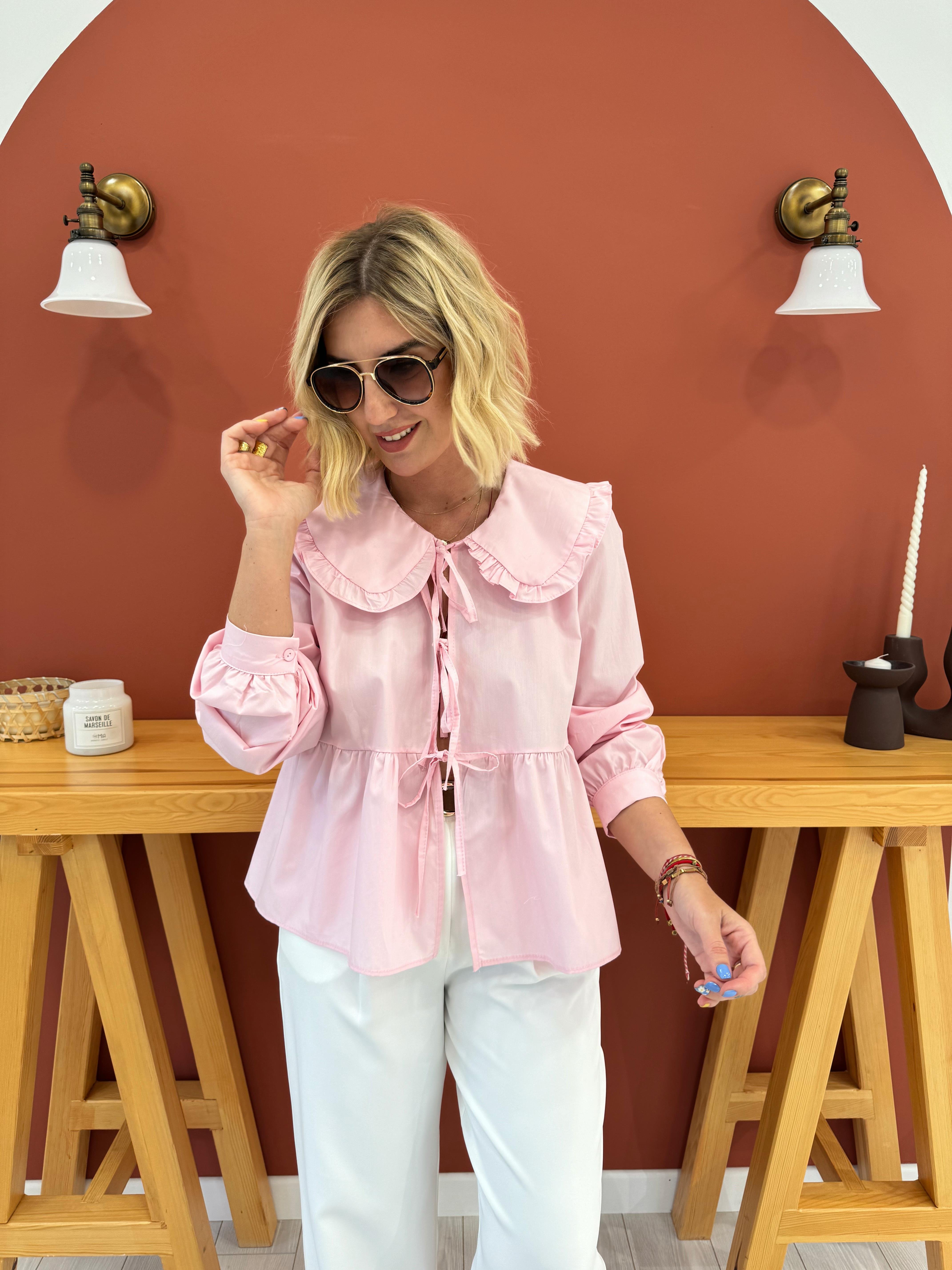 Kurdeleli Bebe Yaka Pembe Poplin Gömlek