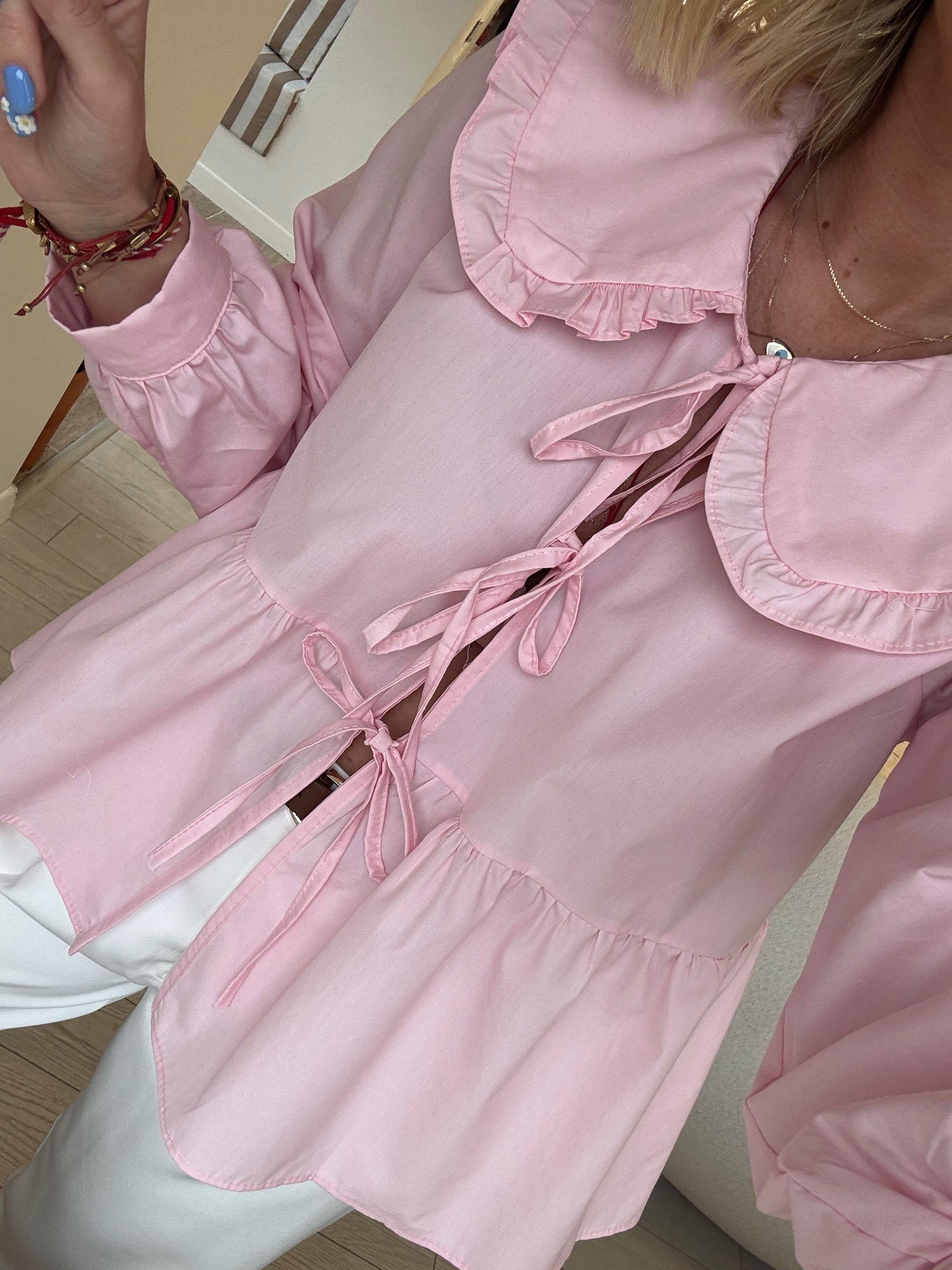 Kurdeleli Bebe Yaka Pembe Poplin Gömlek