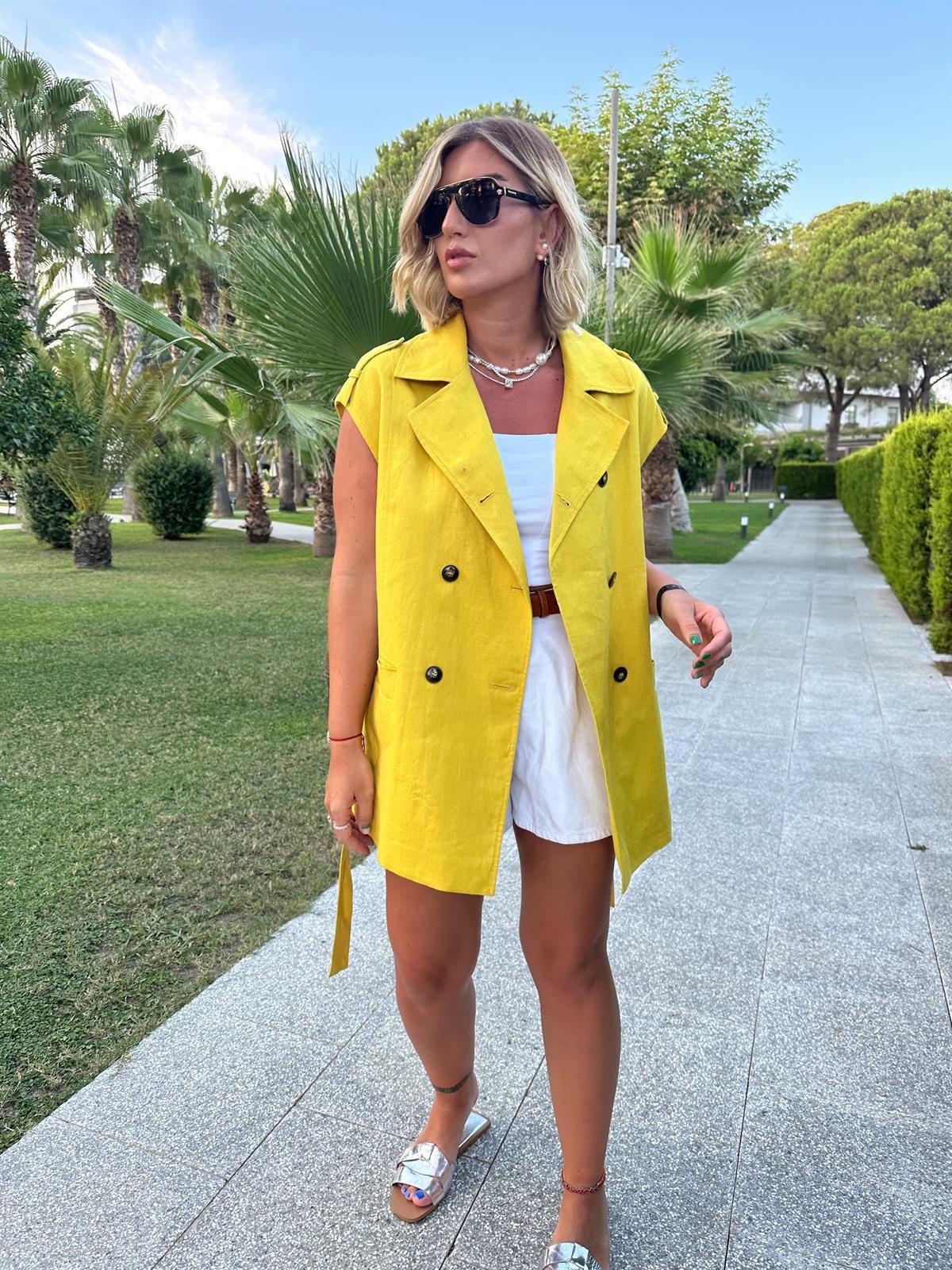 Lime Rengi Tok Keten, Kuşaklı Kruvaze Yelek