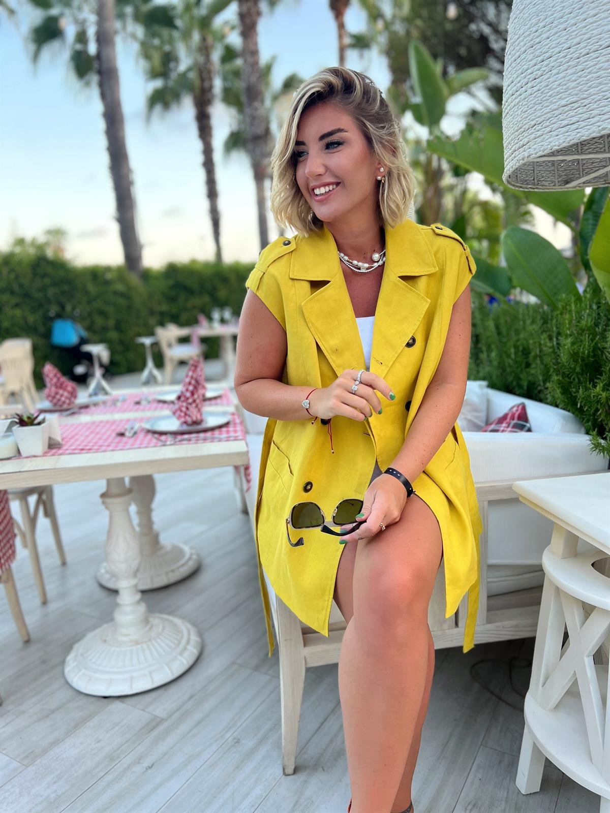 Lime Rengi Tok Keten, Kuşaklı Kruvaze Yelek